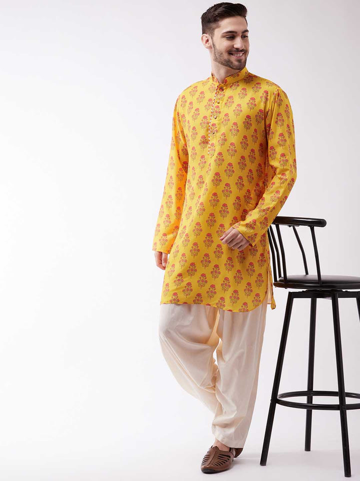 Vastramay Men's Multicolor-Base-Mustard Muslin Cotton Kurta