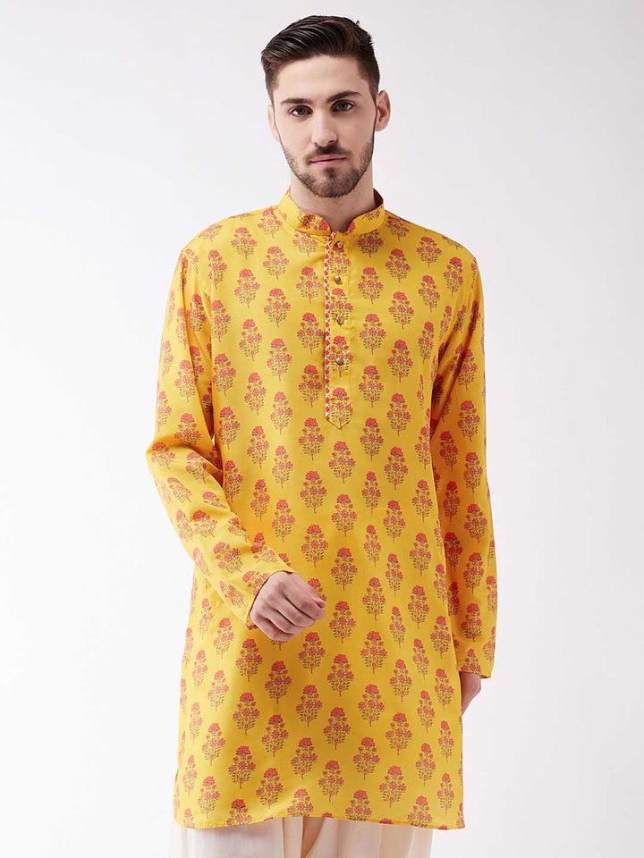 Vastramay Men's Multicolor-Base-Mustard Muslin Cotton Kurta