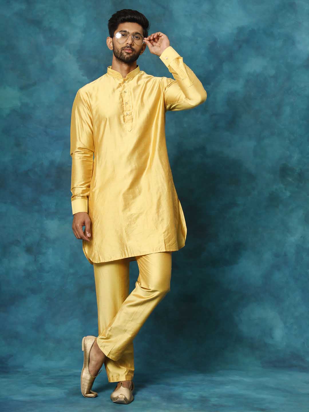 VASTRAMAY Men's Mustard Viscose Curved Kurta