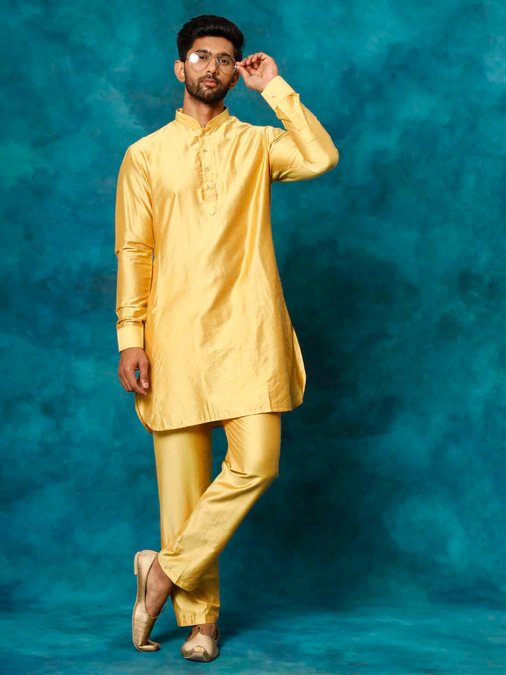 VASTRAMAY Men's Mustard Viscose Curved Kurta