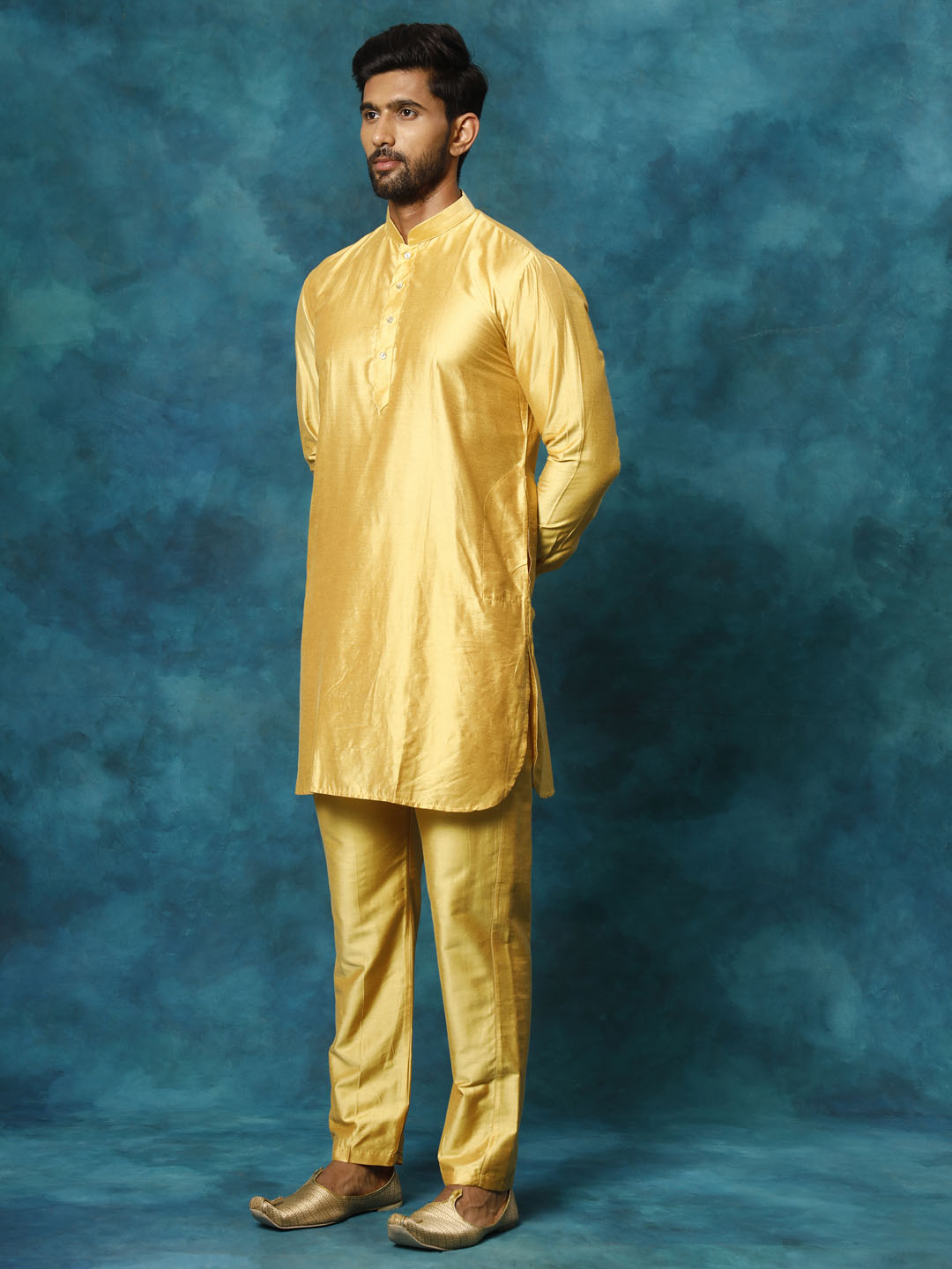 VASTRAMAY Men's Mustard Viscose Kurta Pyjama Set