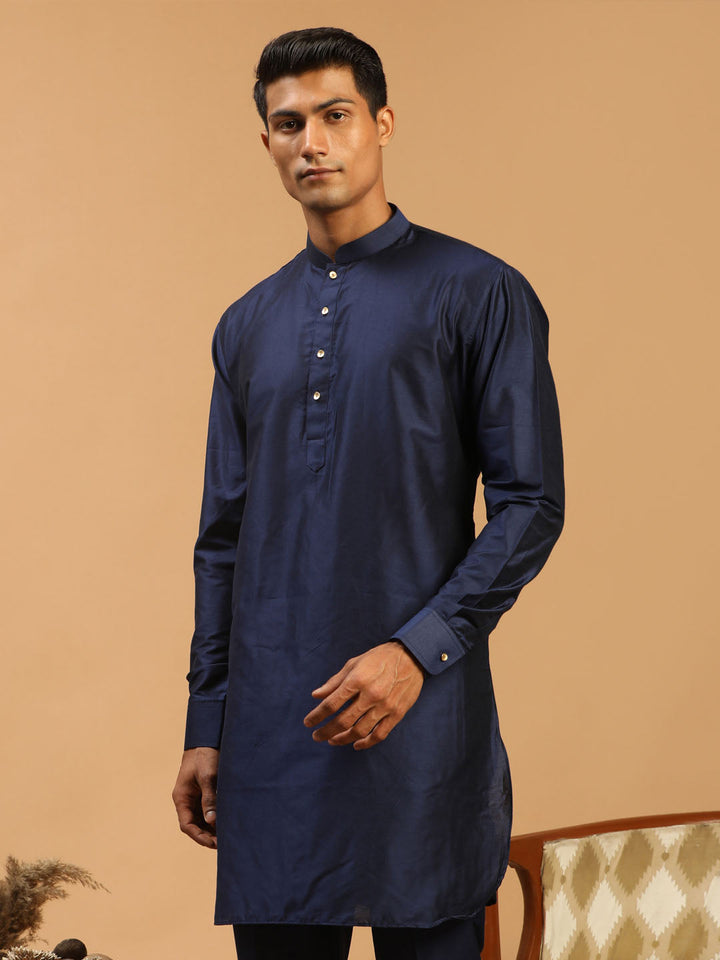 VASTRAMAY Men's Blue Silk Blend Curved Hem Kurta