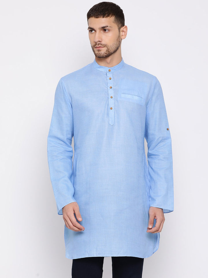 VASTRAMAY Men's Light Blue Cotton Blend Short Kurta