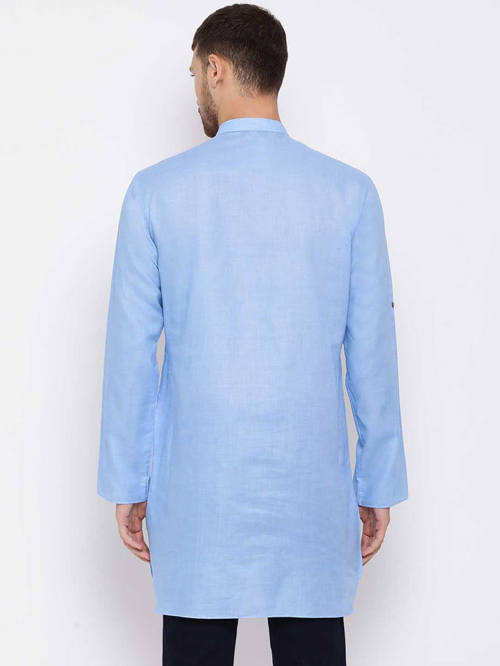 VASTRAMAY Men's Light Blue Cotton Blend Short Kurta