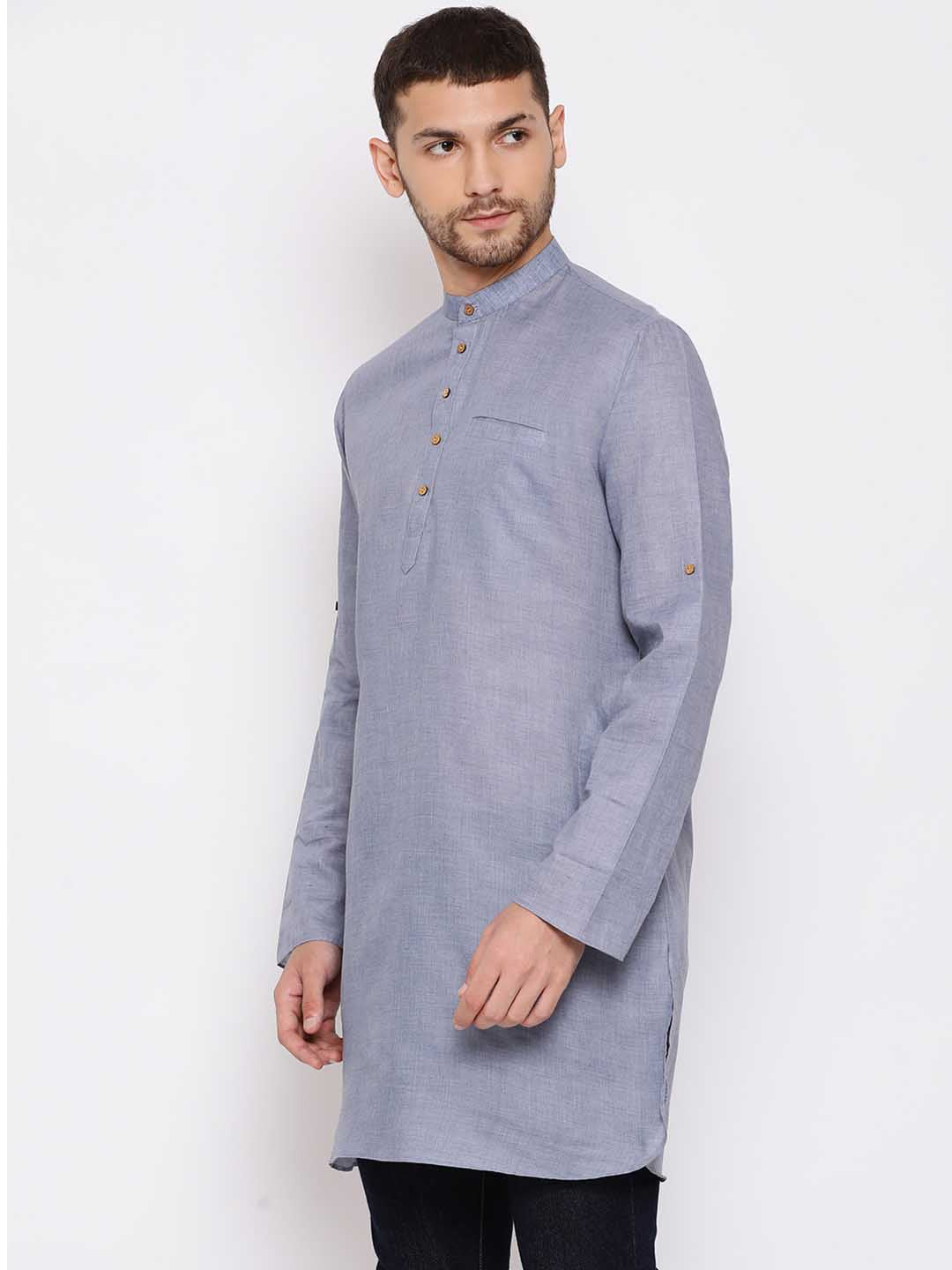 VASTRAMAY Men's Grey Cotton Blend Short Kurta