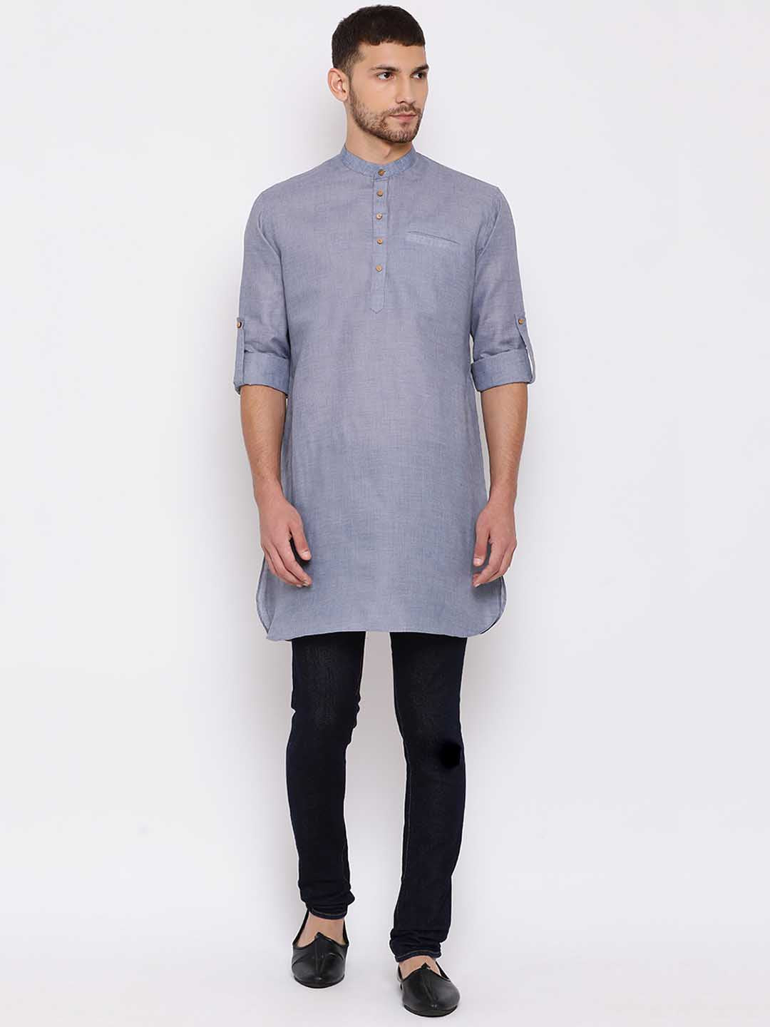 VASTRAMAY Men's Grey Cotton Blend Short Kurta