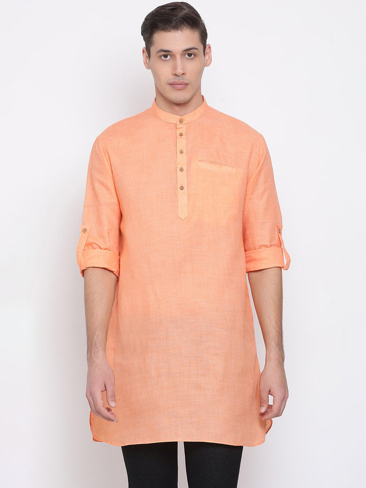 VASTRAMAY Men's Orange Cotton Blend Short Kurta