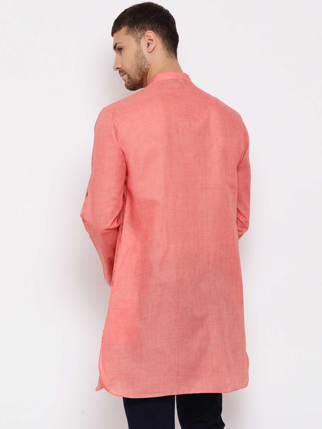 VASTRAMAY Men's Pink Cotton Blend Short Kurta