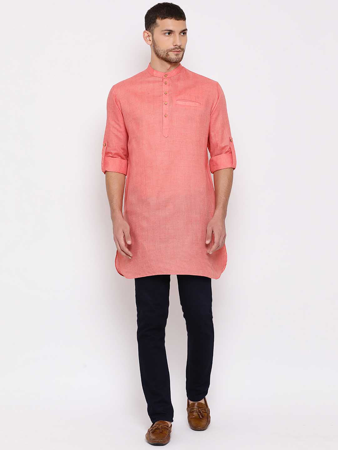 VASTRAMAY Men's Pink Cotton Blend Short Kurta