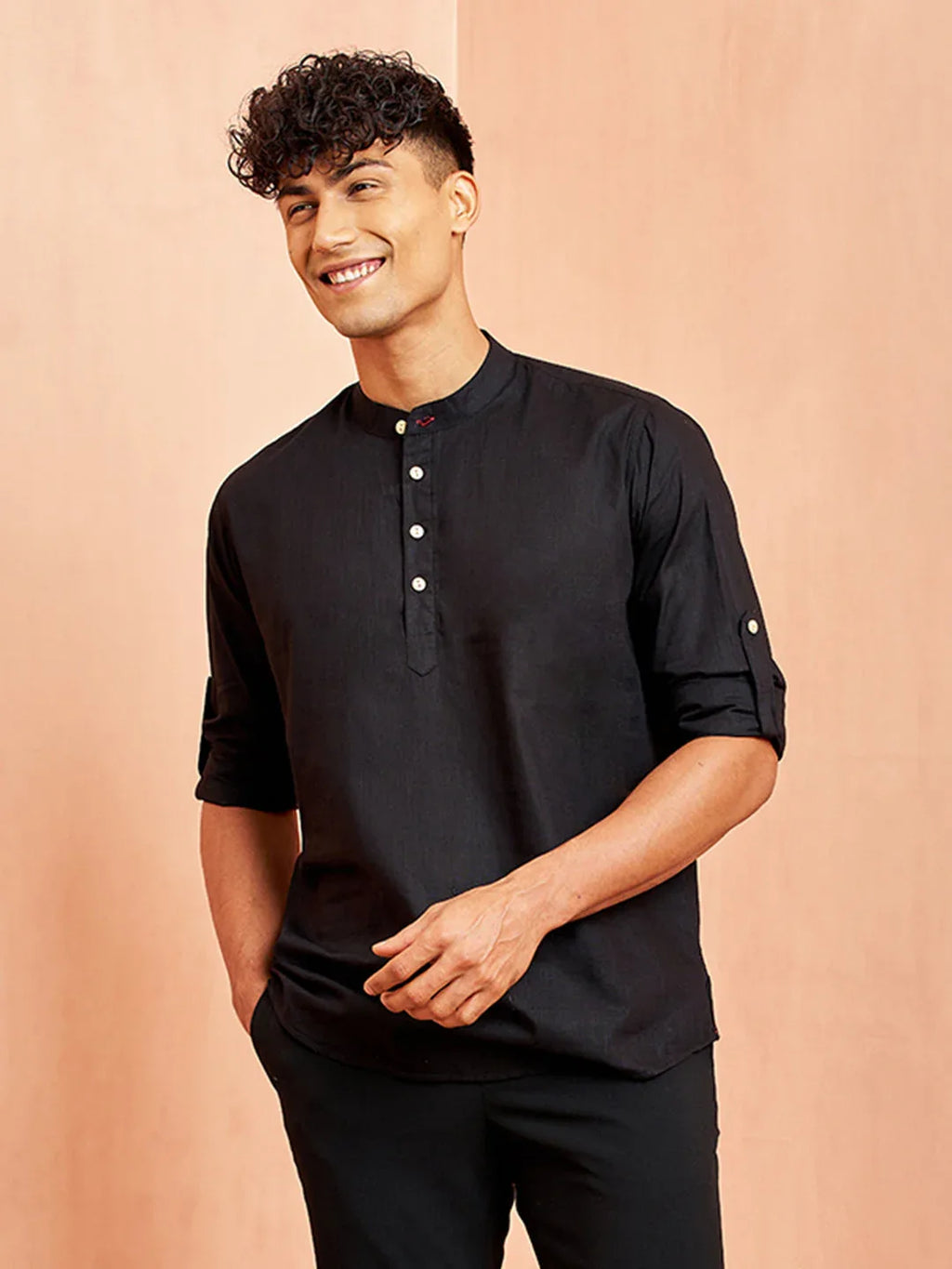 Men's Black Short Cotton Kurta