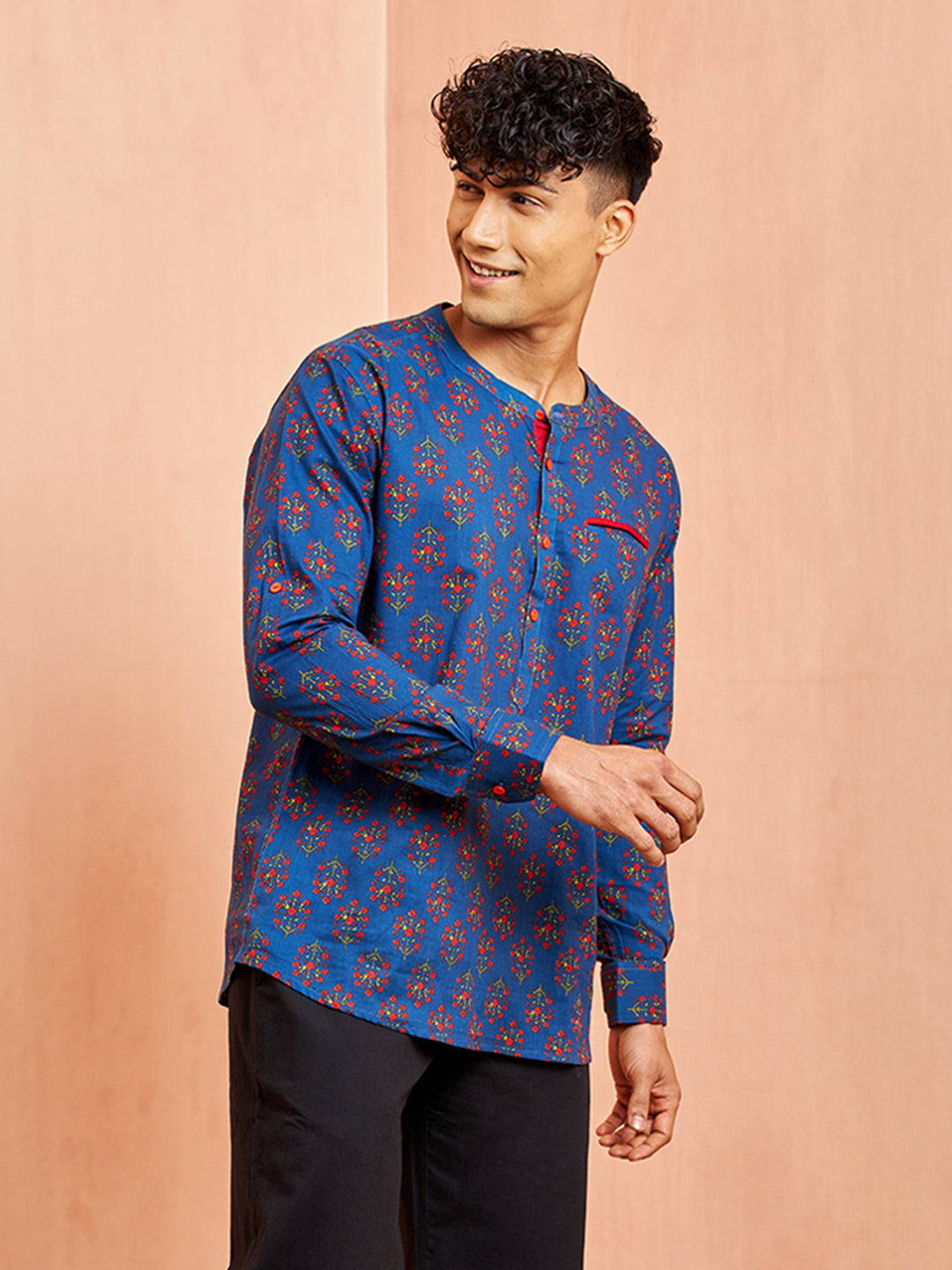 Men's Royal Blue Cotton Kurta Short Sleeve Band Collar Print