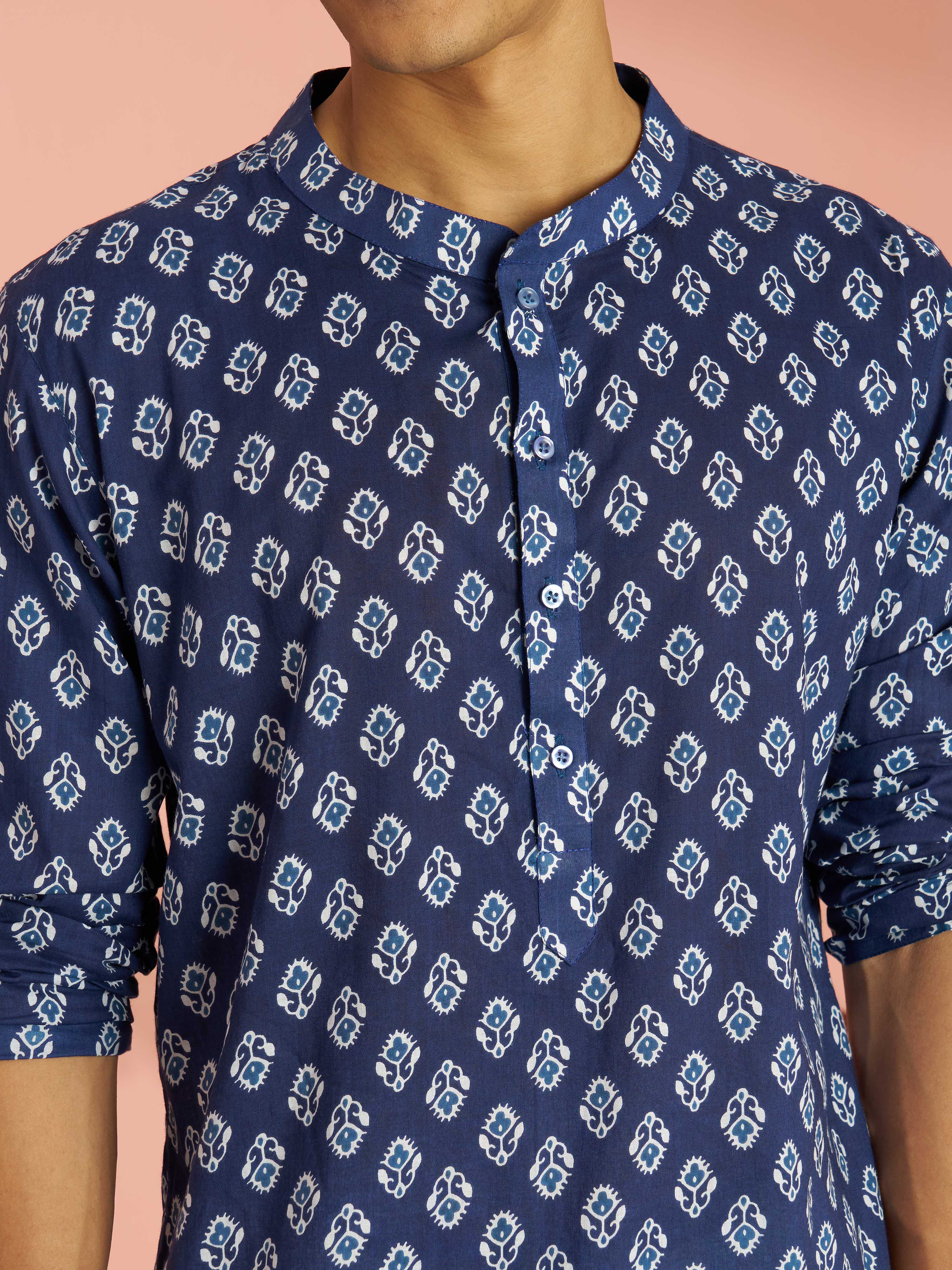 Men's Indigo Blue Ethnic Motif Print Cotton Short Kurta