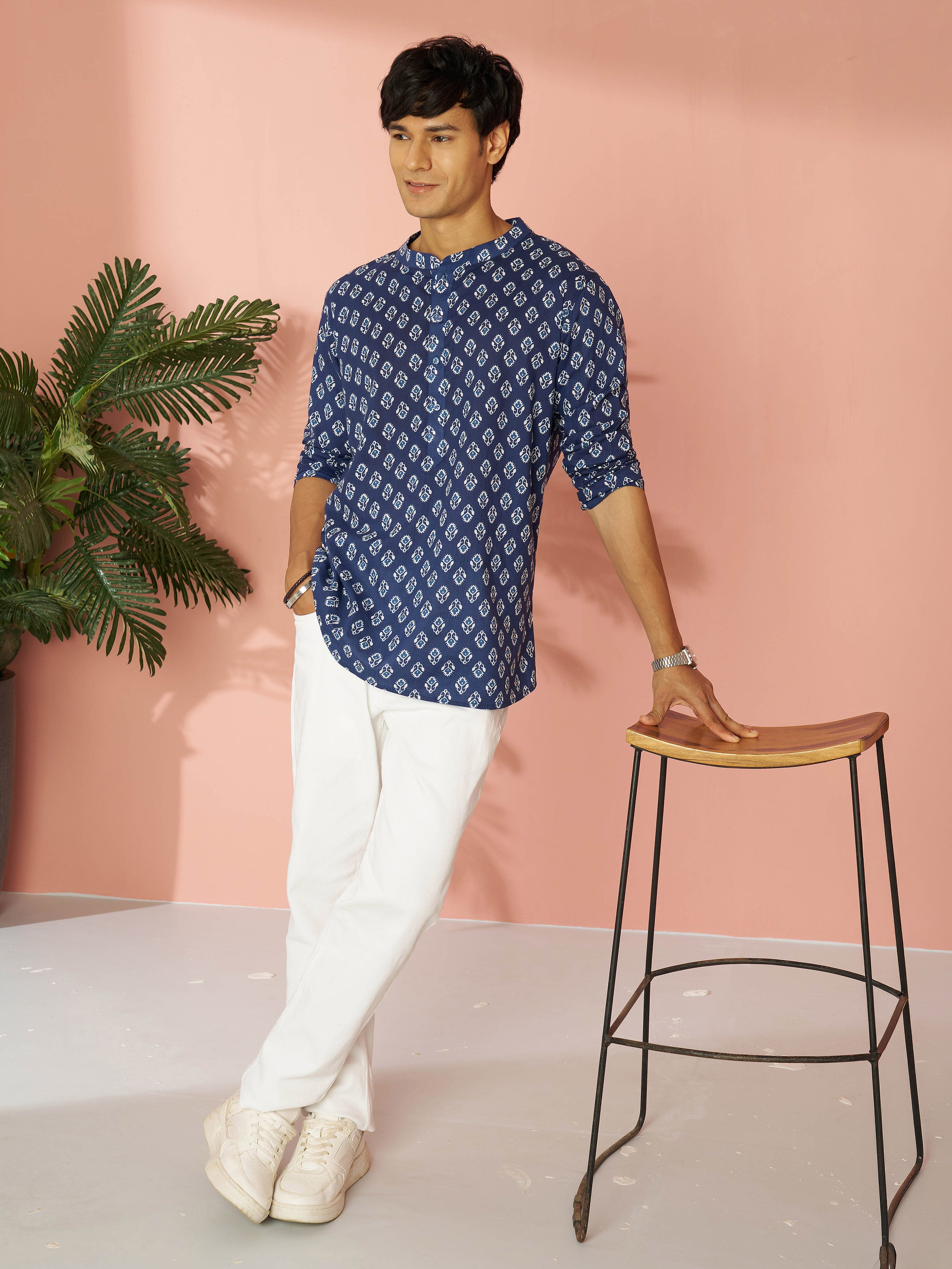 Men's Indigo Blue Ethnic Motif Print Cotton Short Kurta
