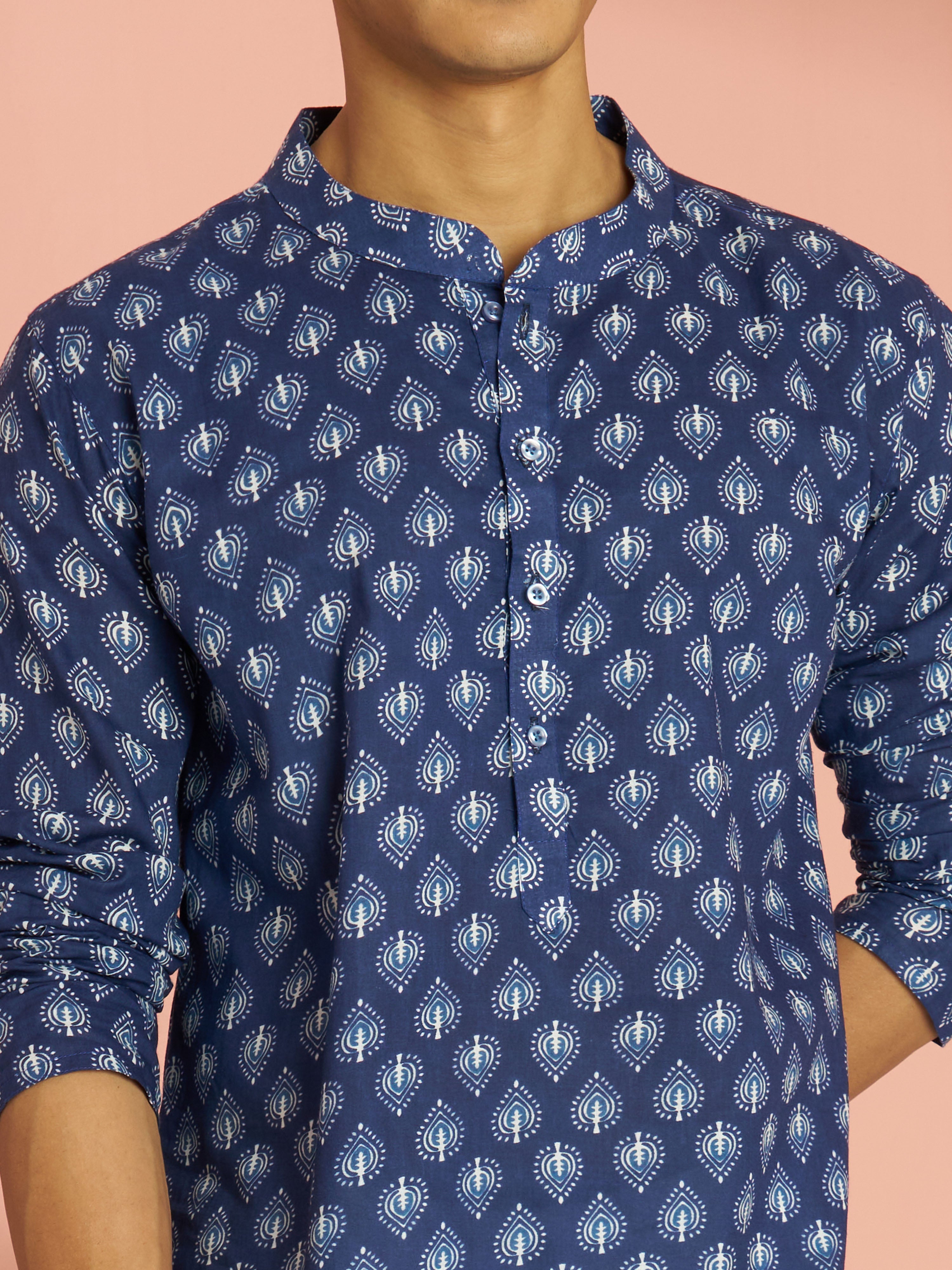 Men's Blue Indigo Ethnic Motif Print Cotton Short Kurta with Stand Collar