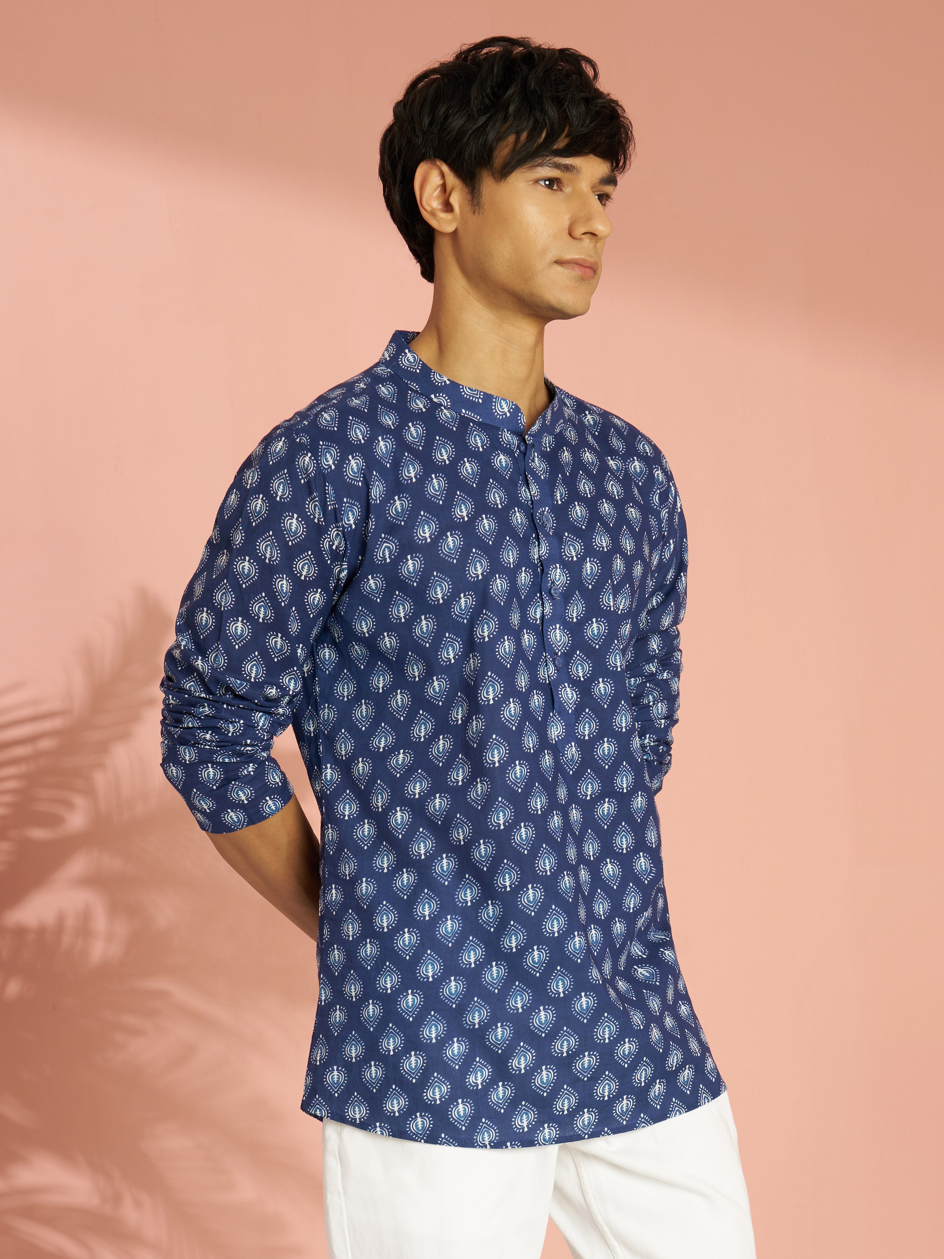 Men's Blue Indigo Ethnic Motif Print Cotton Short Kurta with Stand Collar