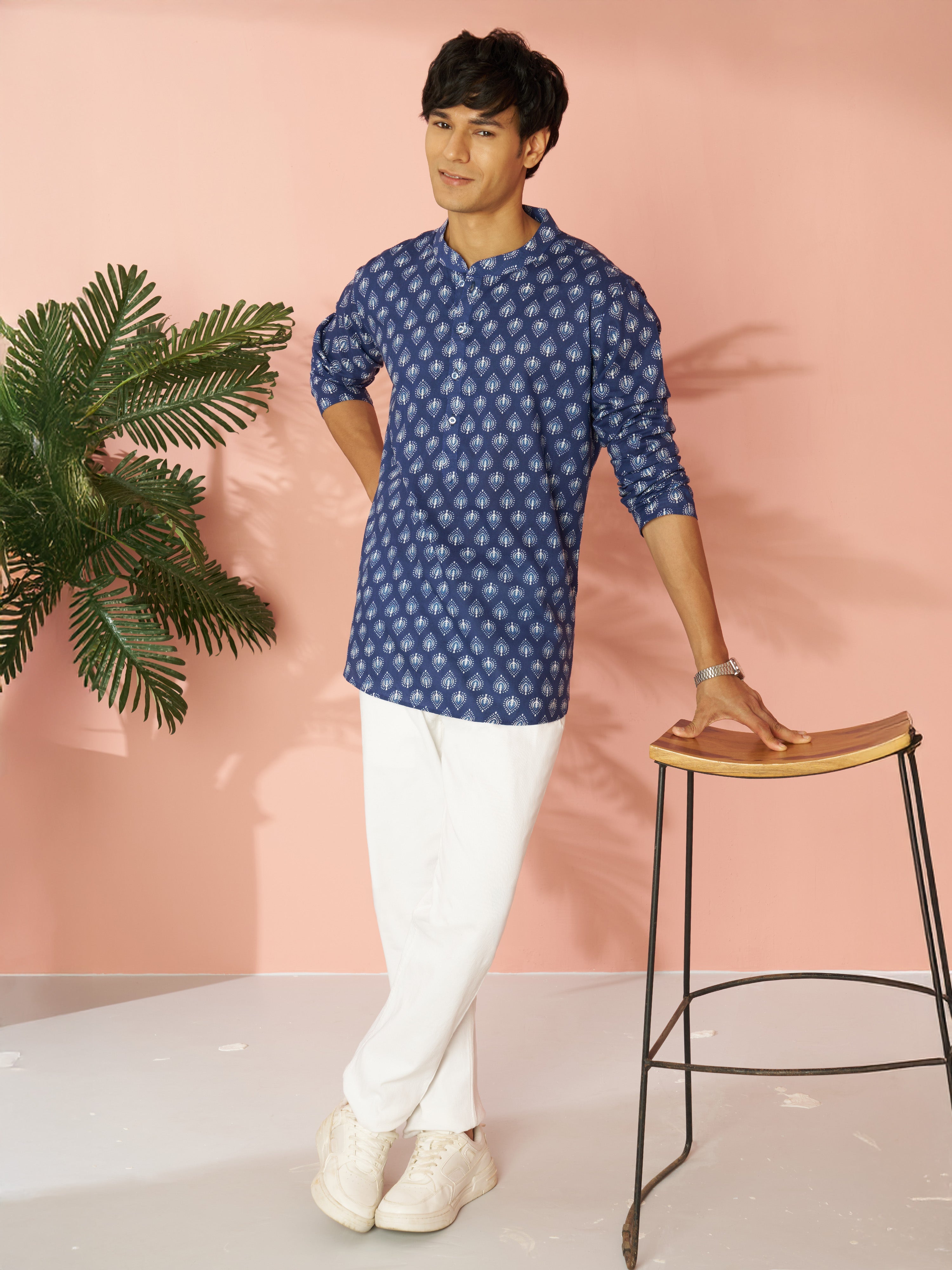 Men's Blue Indigo Ethnic Motif Print Cotton Short Kurta with Stand Collar
