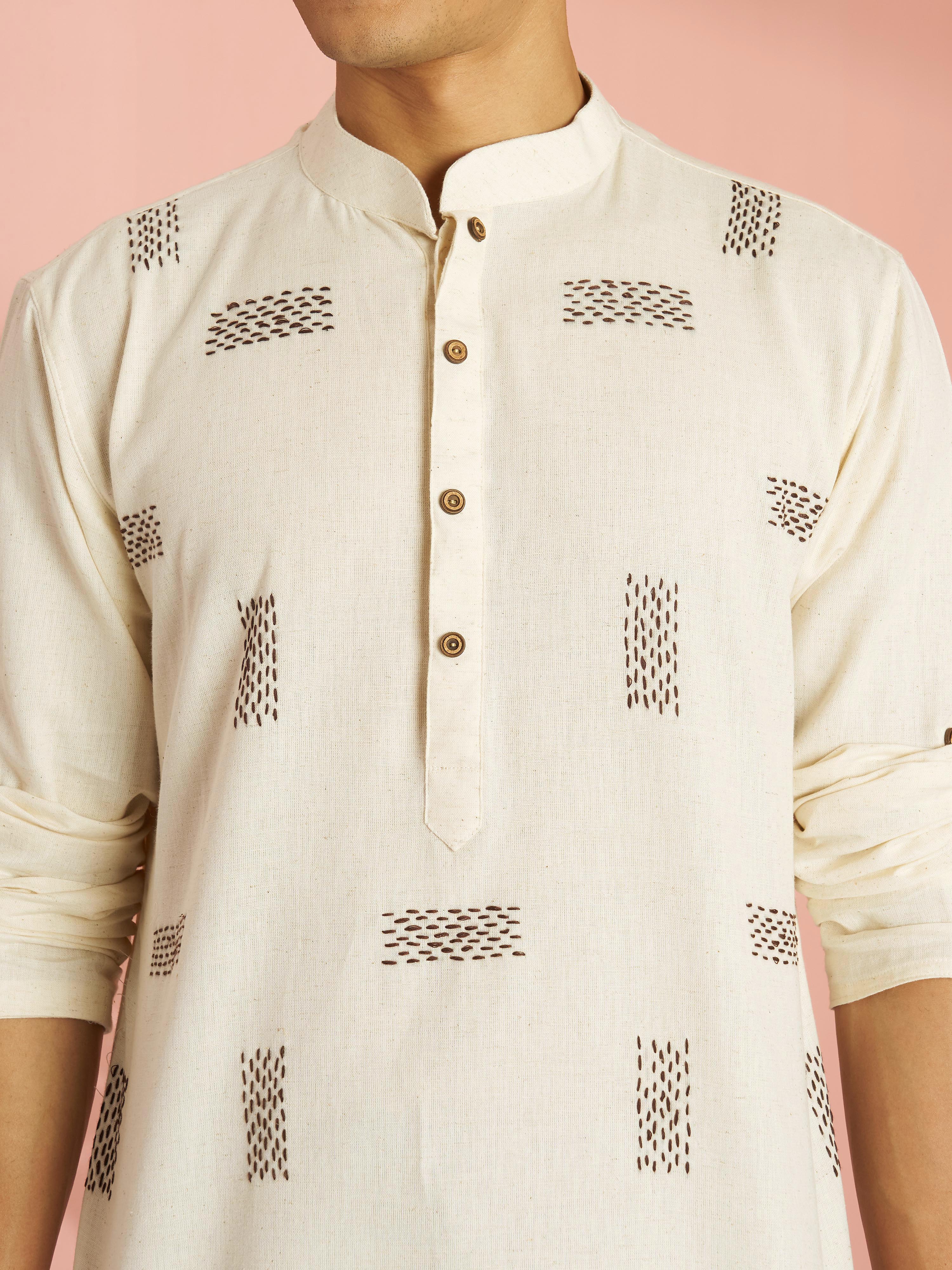 Men's Cream Cotton Thread Embroidered Short Kurta