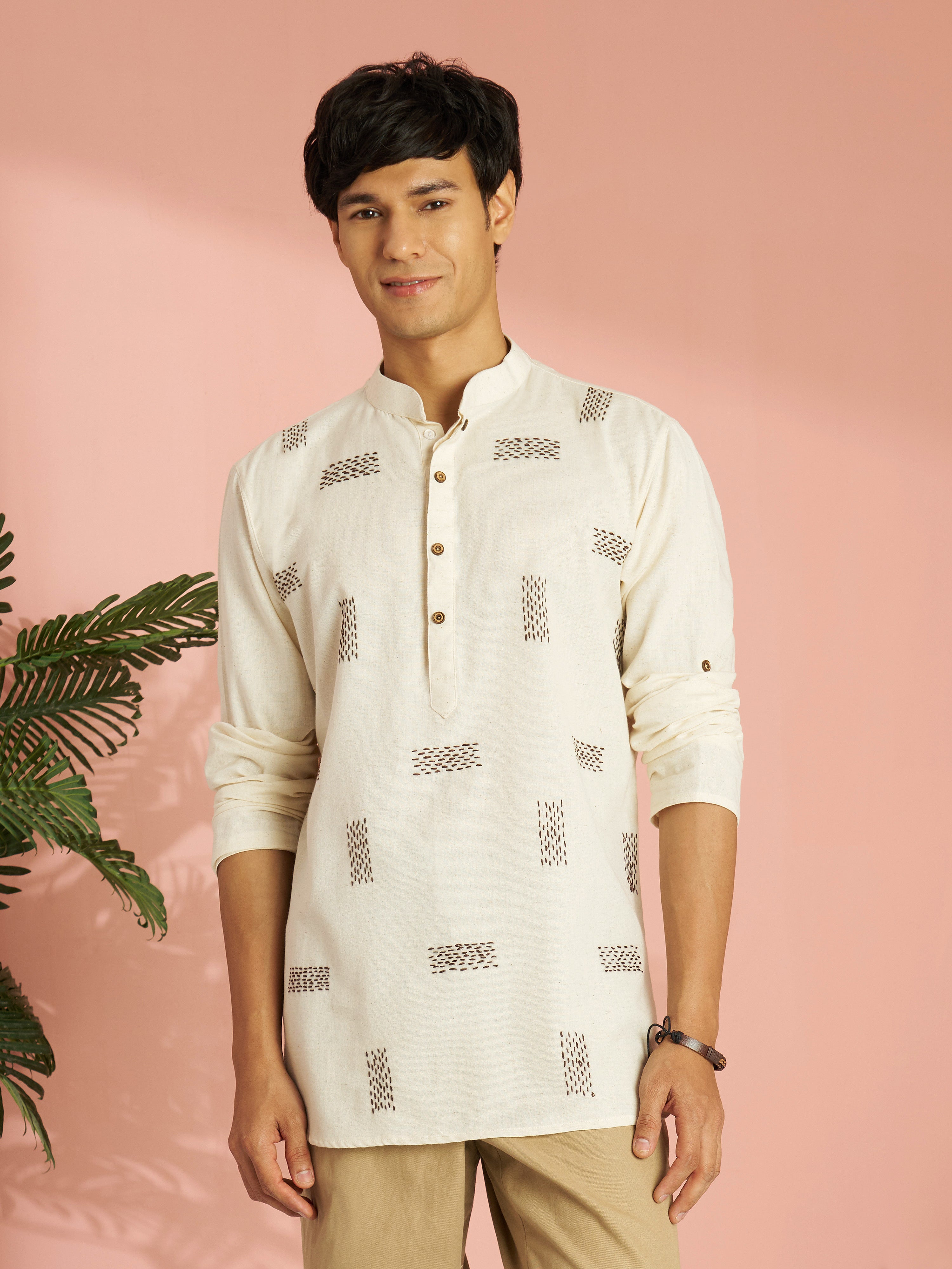 Men's Cream Cotton Thread Embroidered Short Kurta