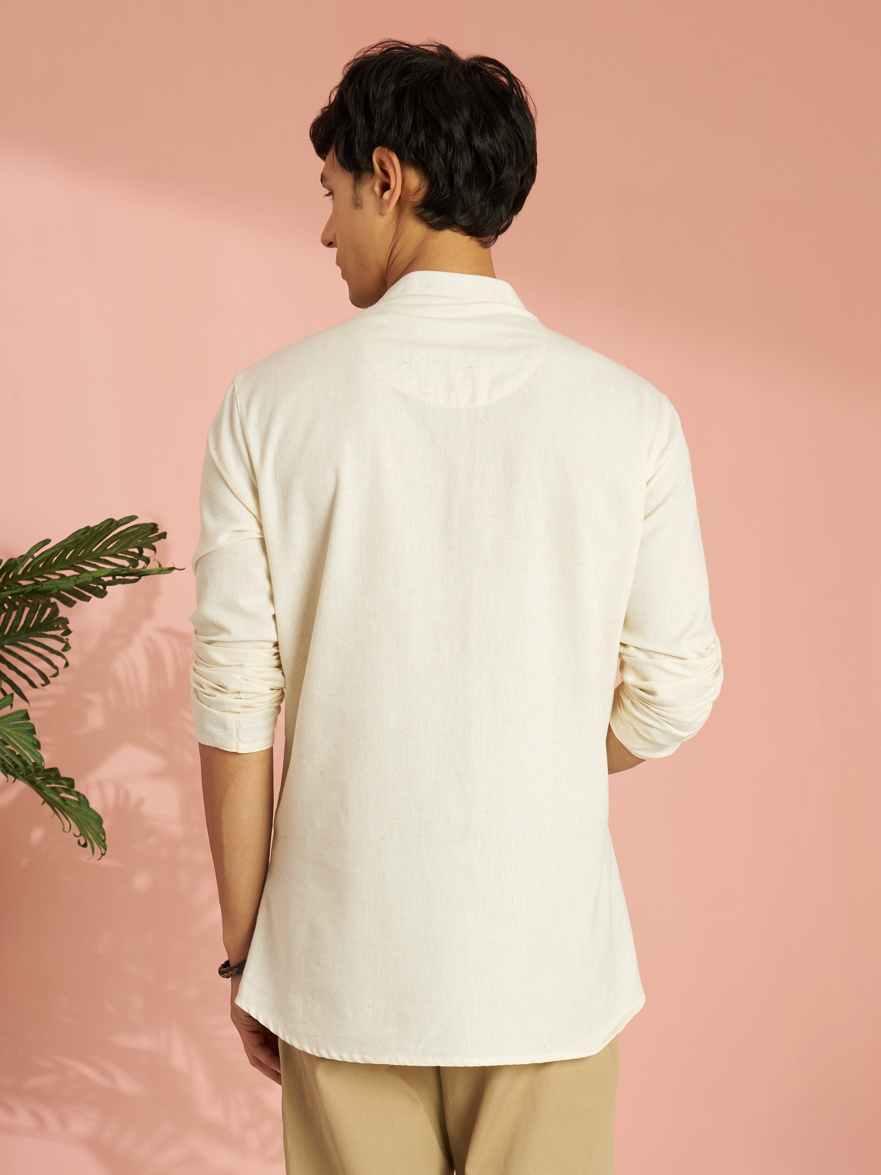 Men's Cream Cotton Thread Embroidered Short Kurta
