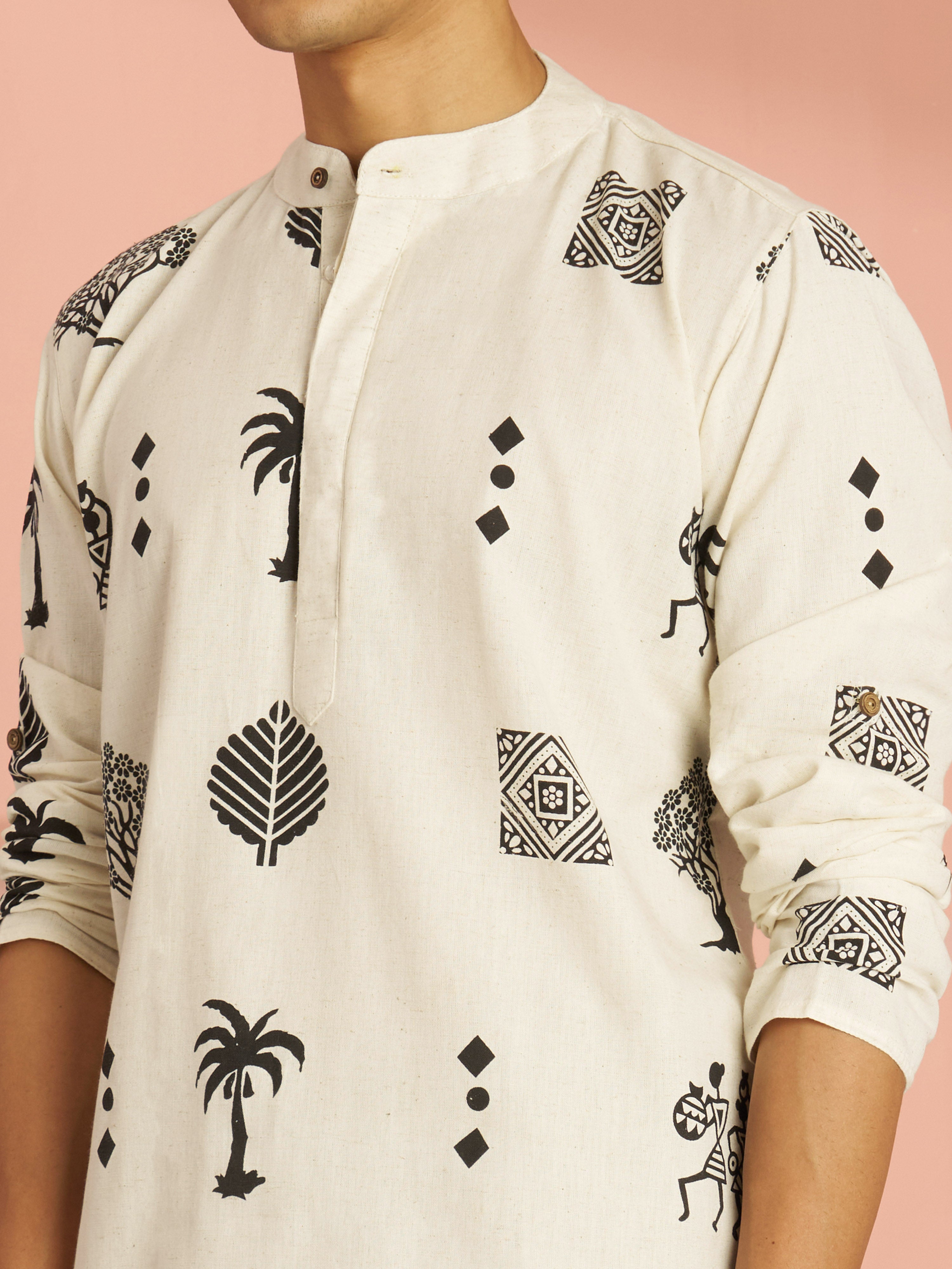 Men's Cream Block Print Cotton Floral & Figures Short Kurta