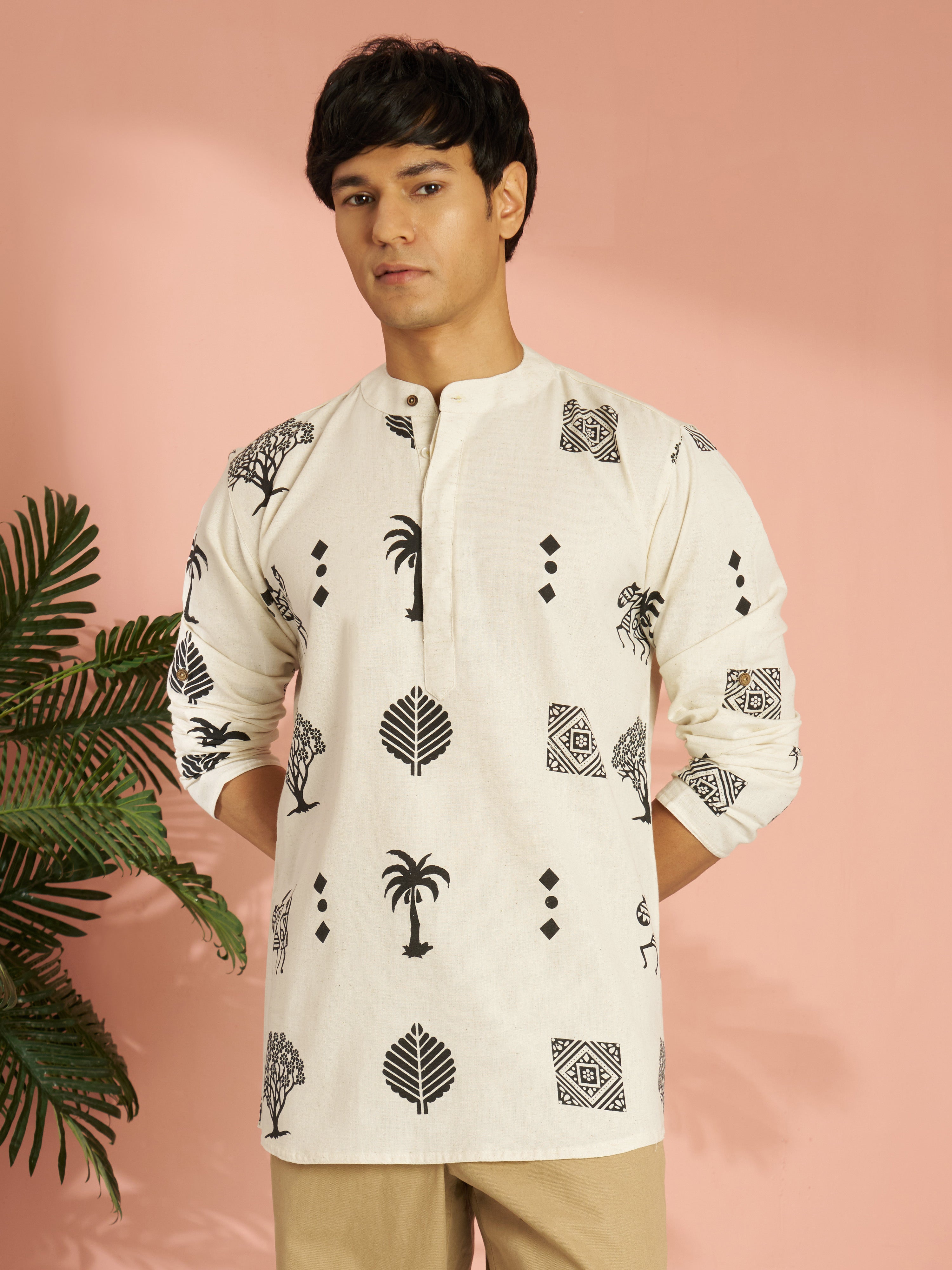 Men's Cream Block Print Cotton Floral & Figures Short Kurta