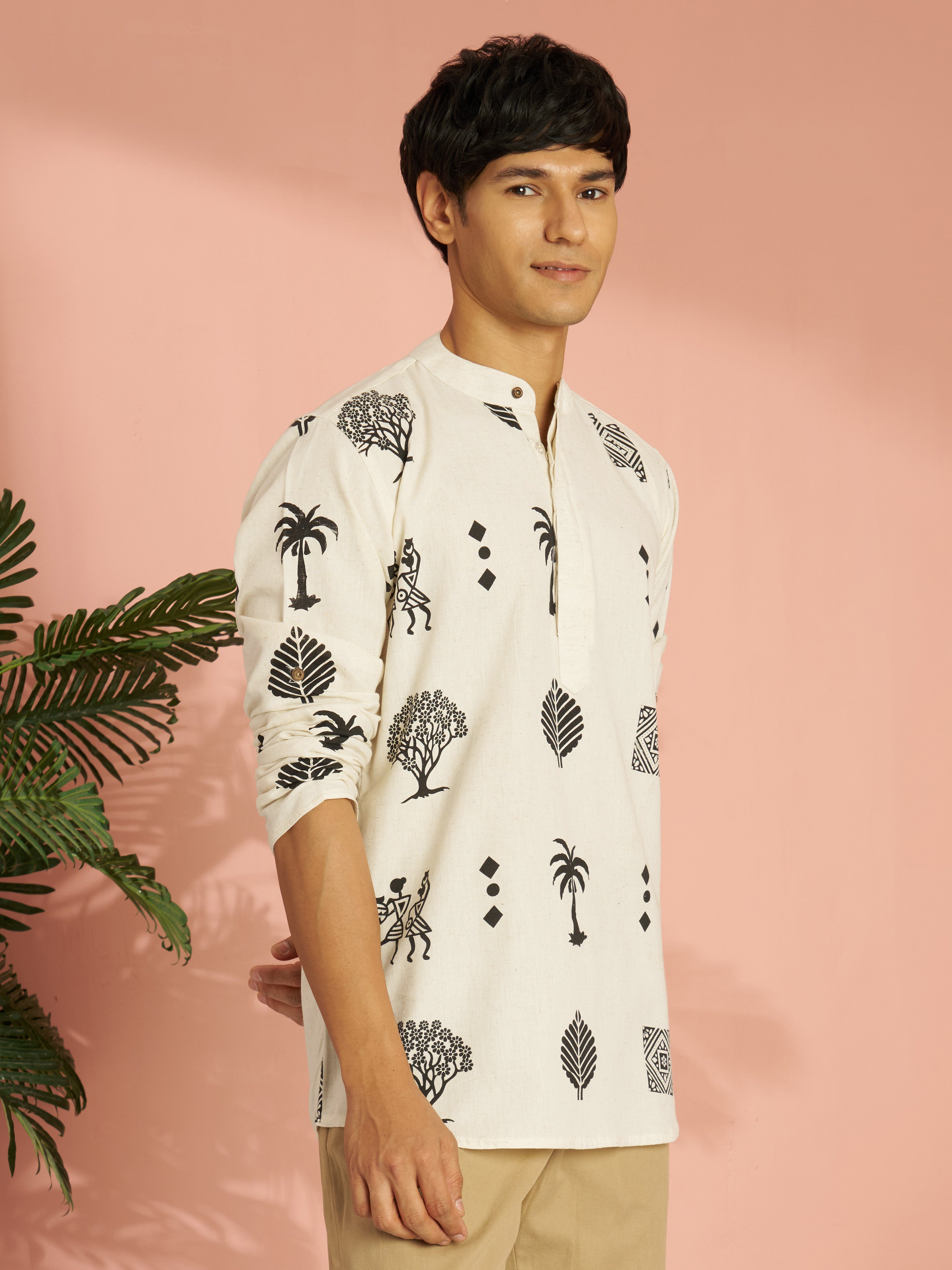 Men's Cream Block Print Cotton Floral & Figures Short Kurta
