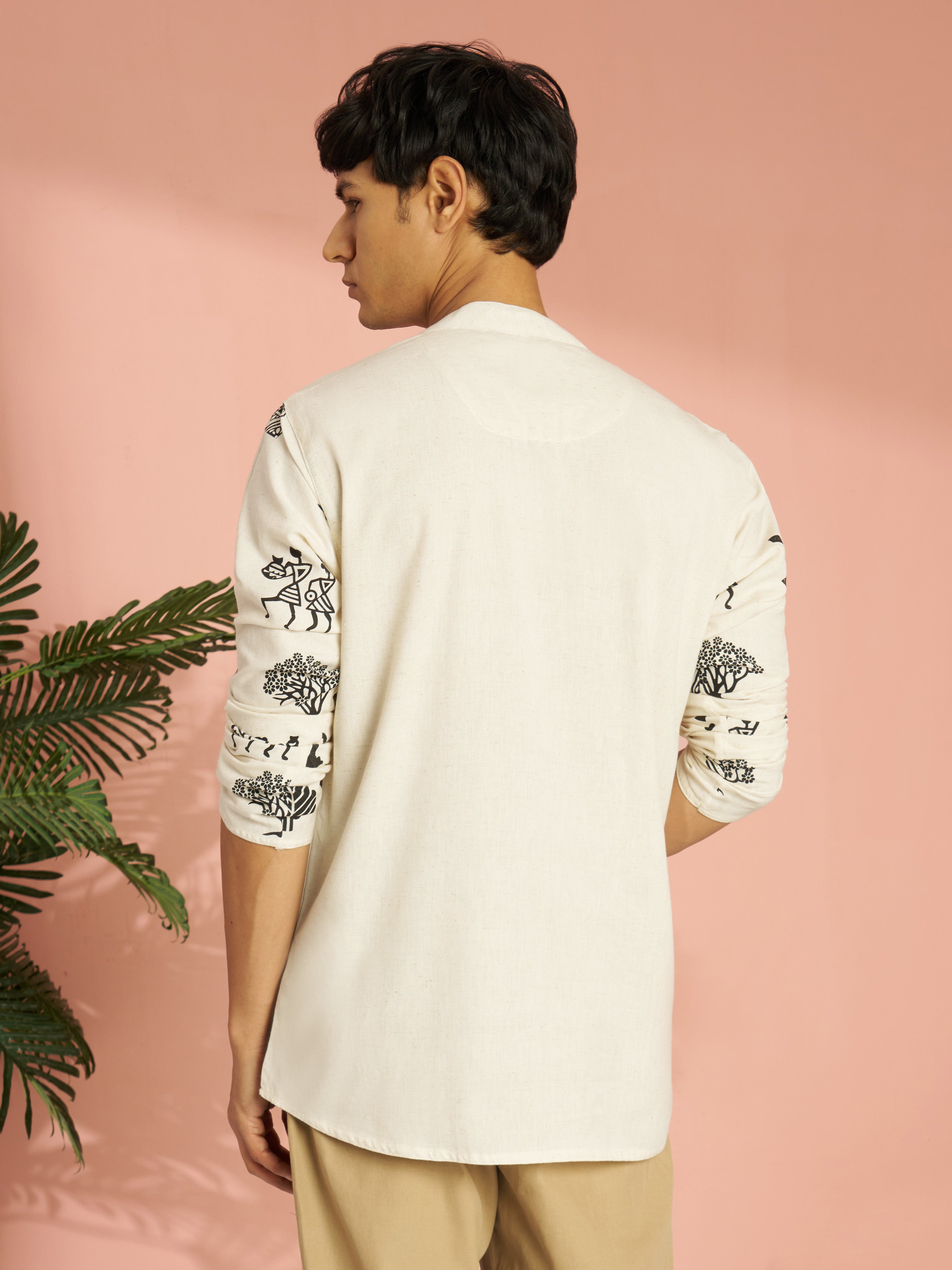 Men's Cream Block Print Cotton Floral & Figures Short Kurta