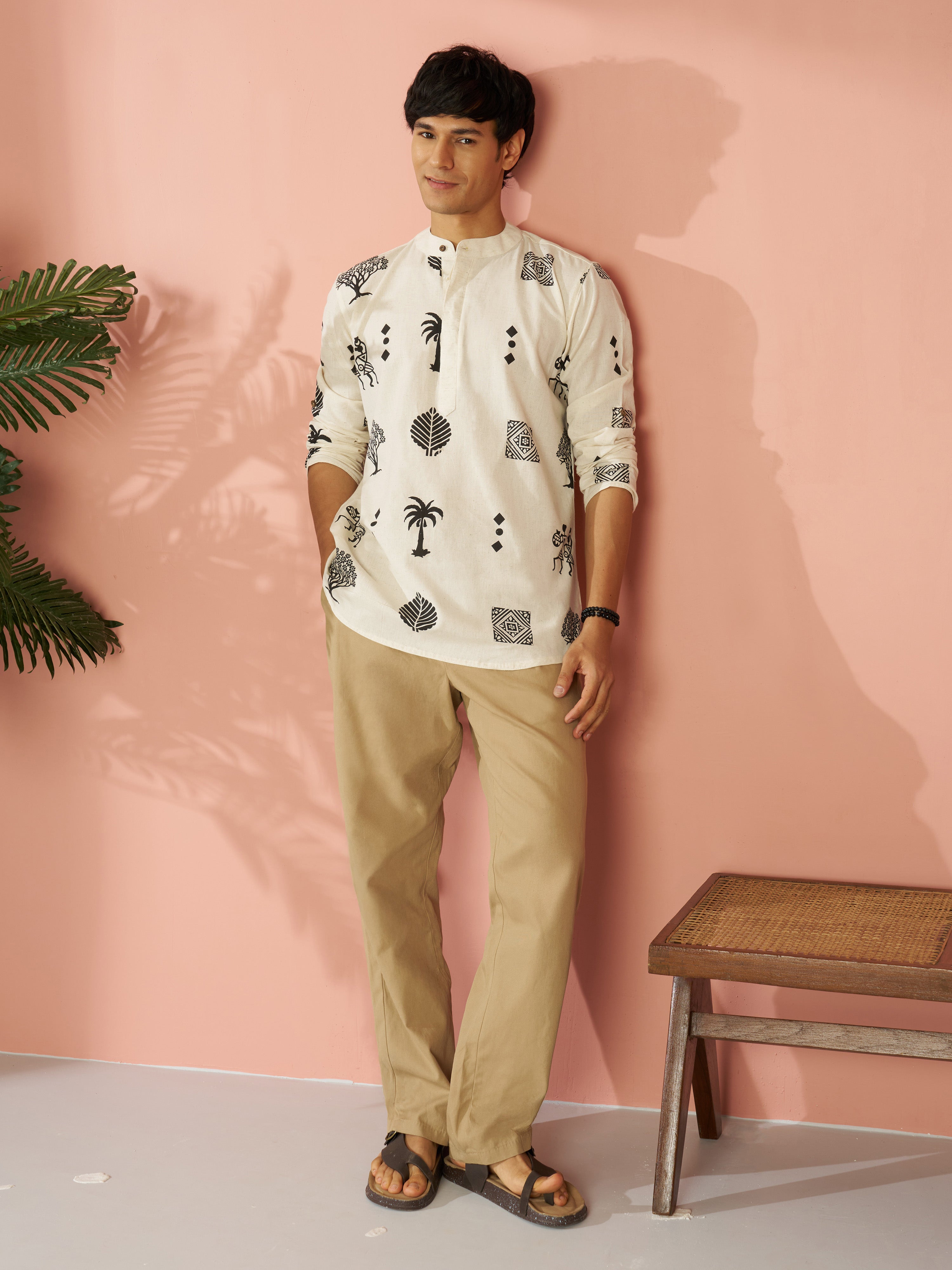 Men's Cream Block Print Cotton Floral & Figures Short Kurta