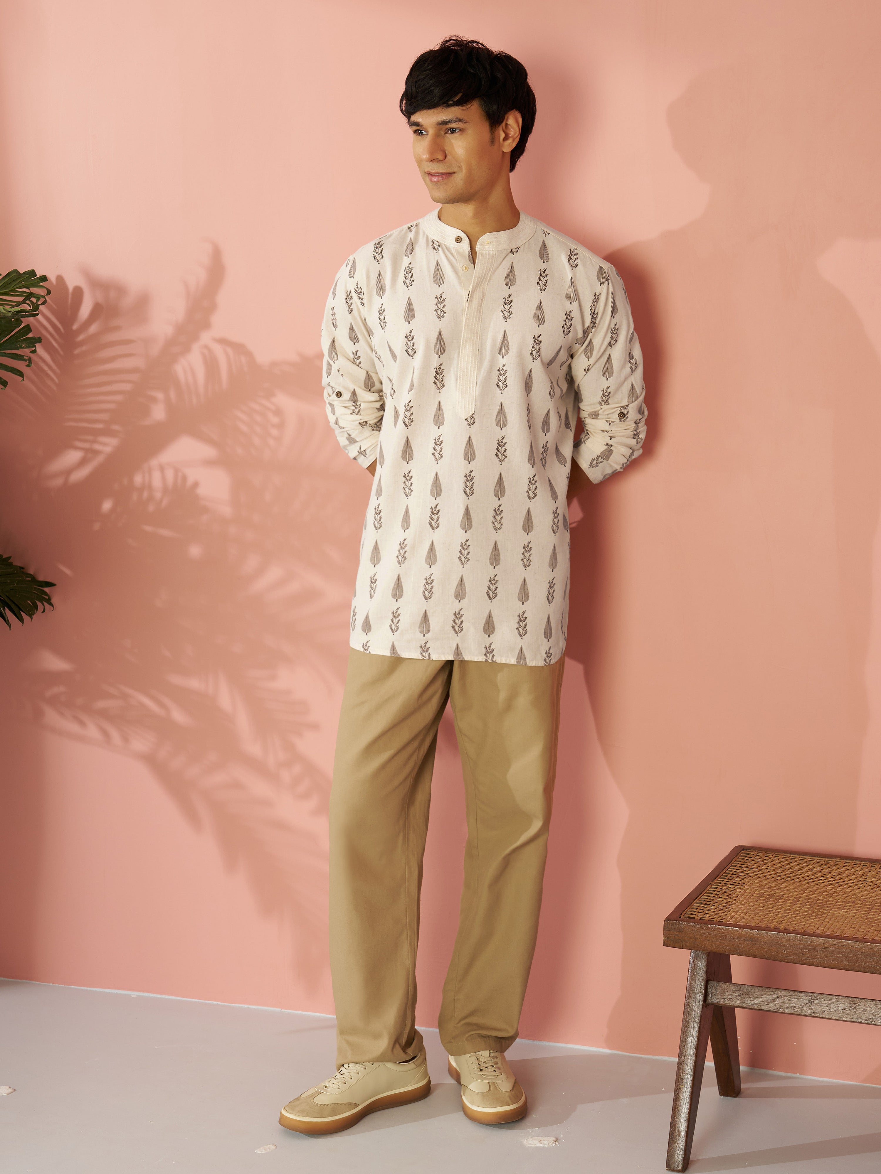 Men's Cream Tropical Block Print Cotton Short Kurta
