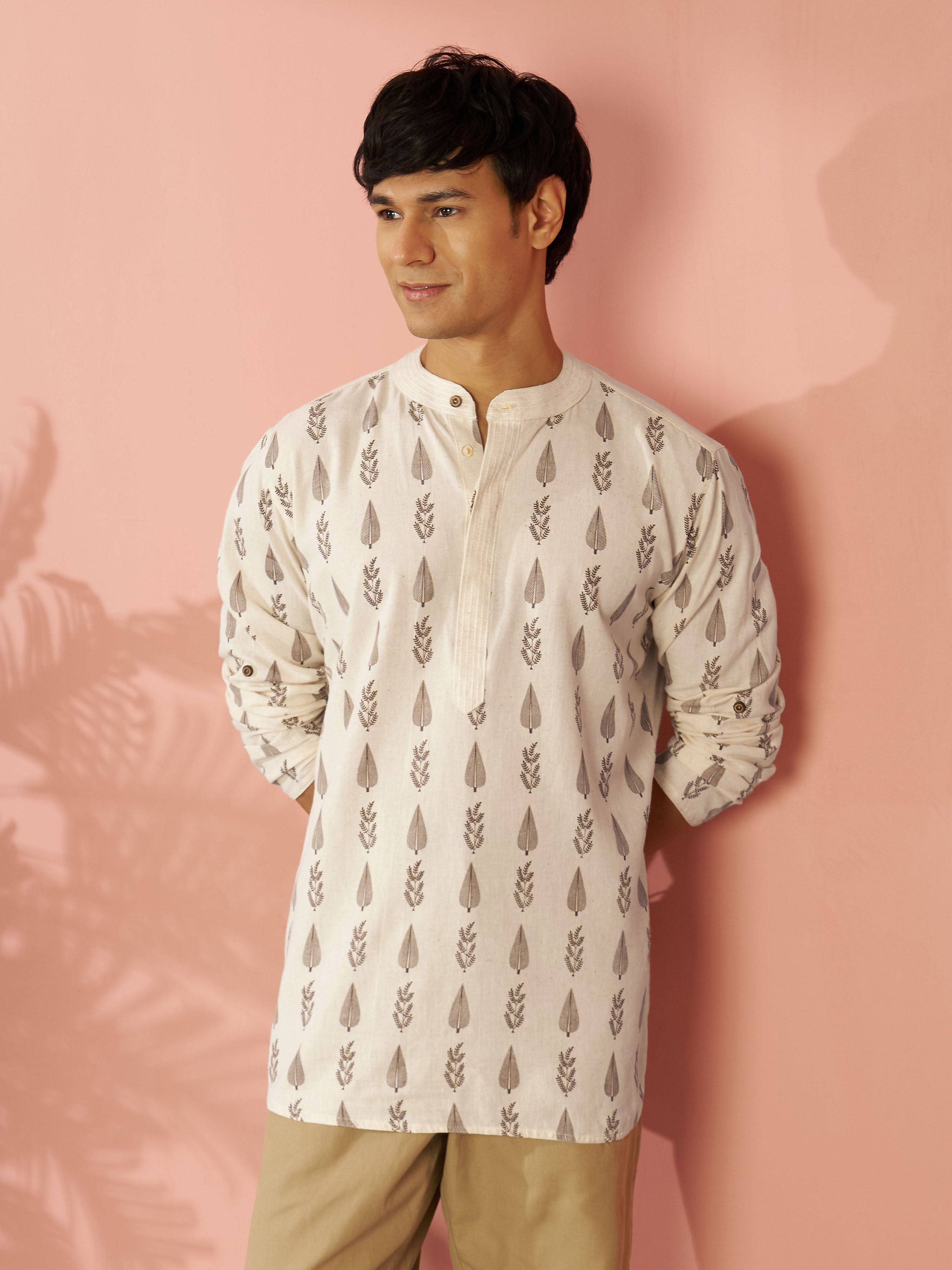 Men's Cream Tropical Block Print Cotton Short Kurta