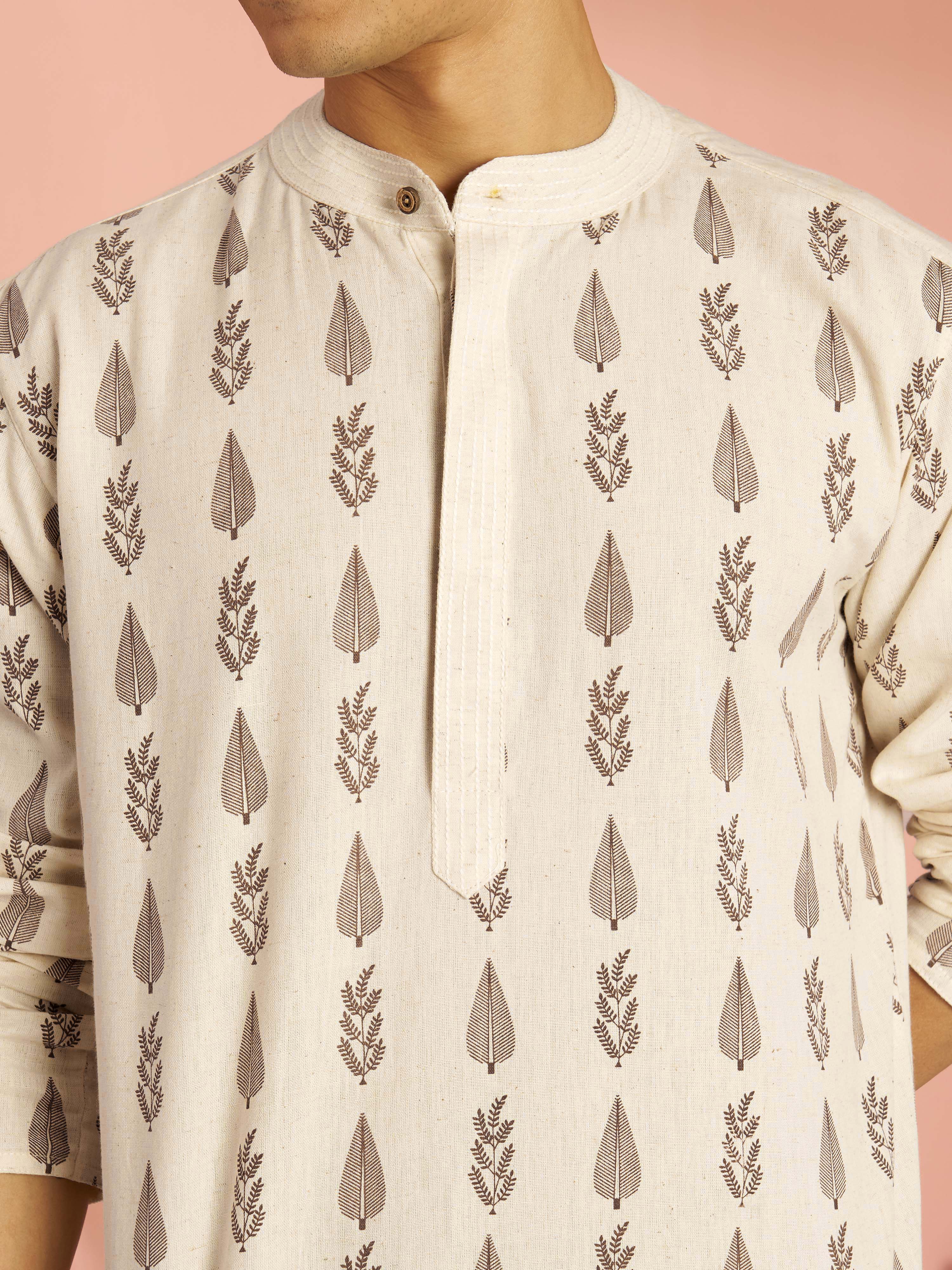 Men's Cream Tropical Block Print Cotton Short Kurta