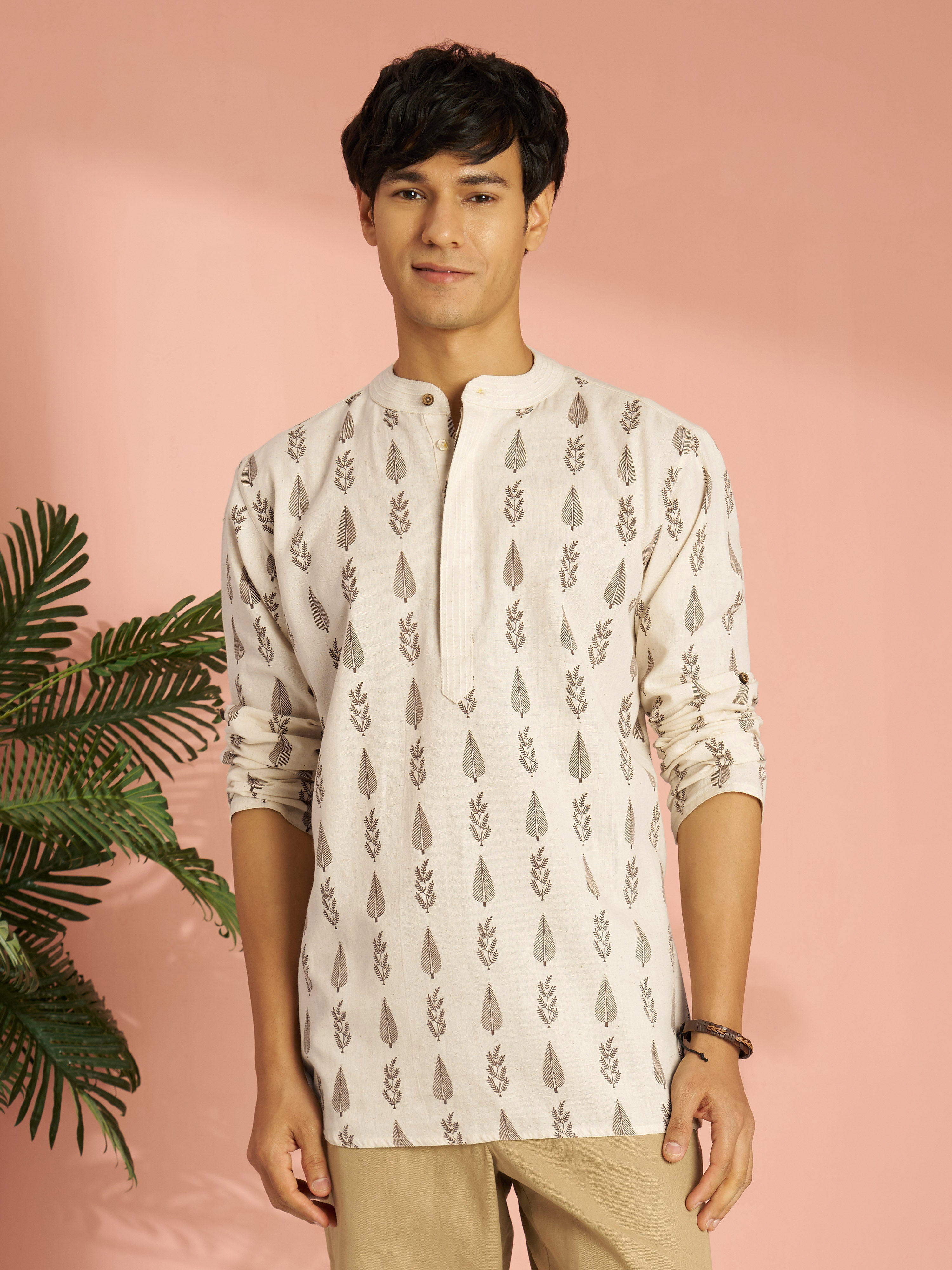Men's Cream Tropical Block Print Cotton Short Kurta