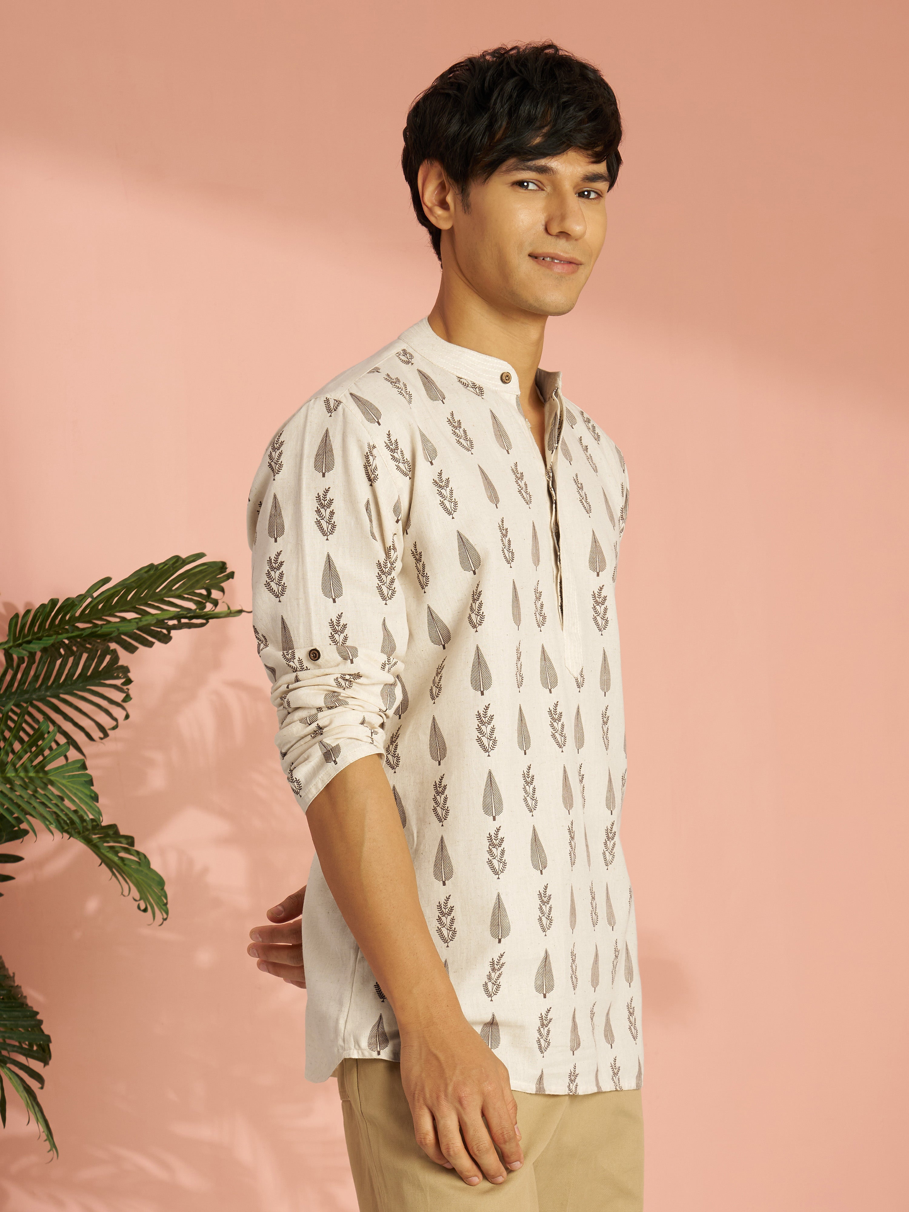 Men's Cream Tropical Block Print Cotton Short Kurta