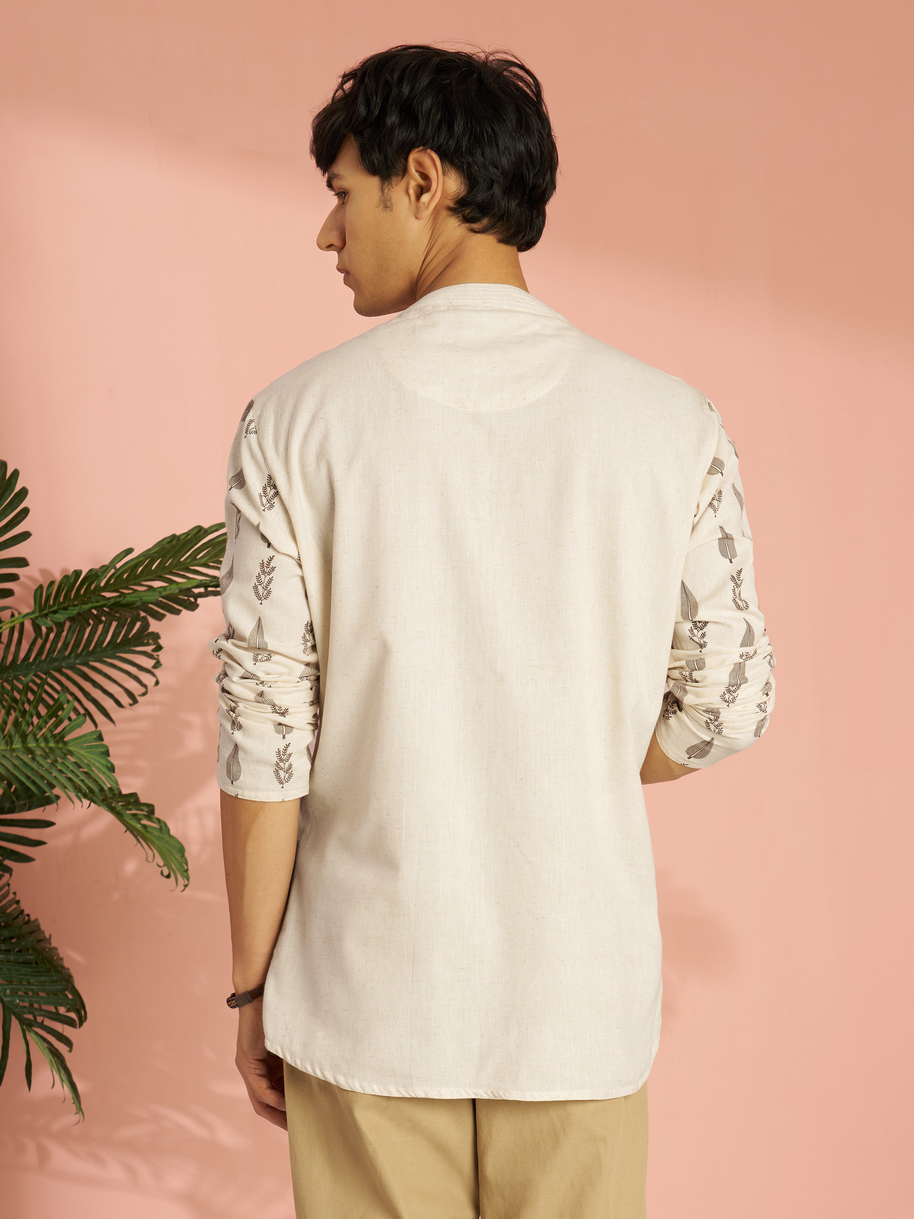 Men's Cream Tropical Block Print Cotton Short Kurta