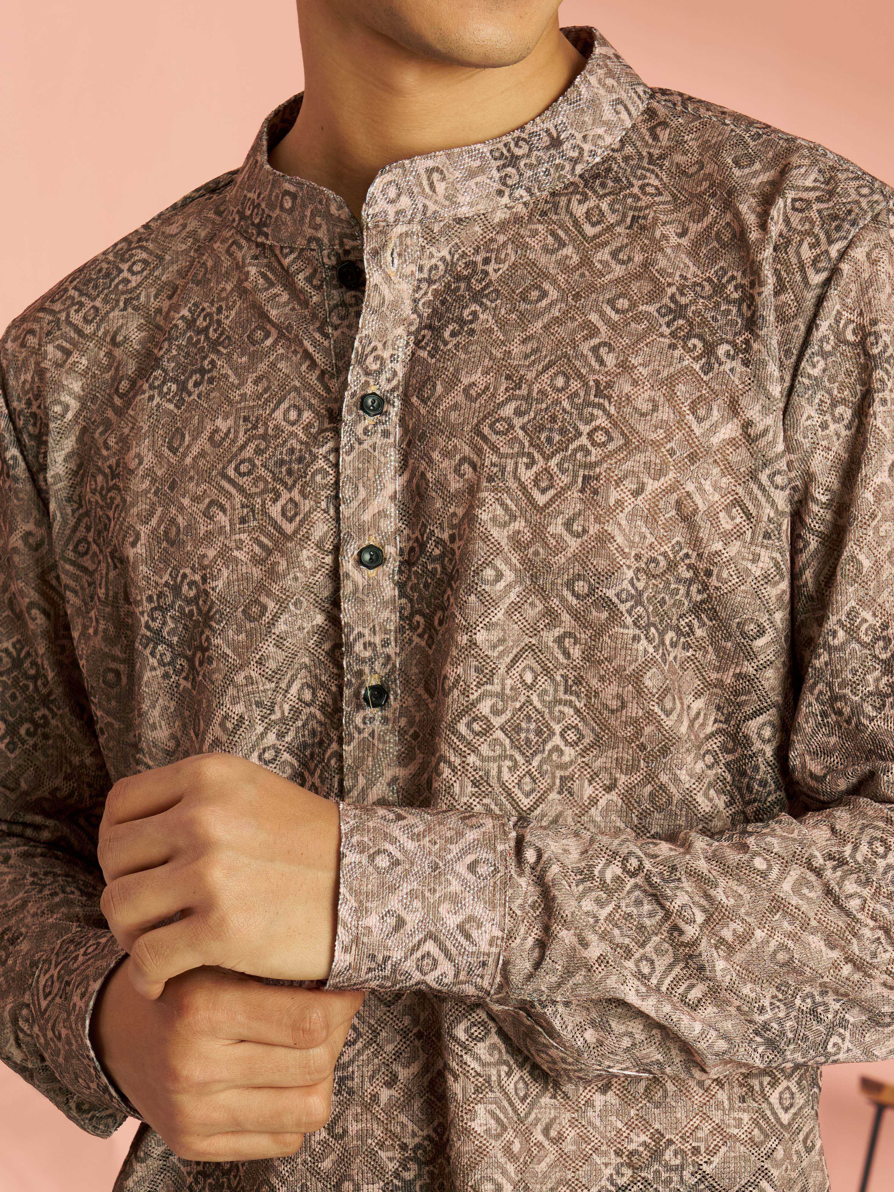 Men's Chiku Cotton Blend Ethnic Motif Printed Short Kurta with Cuffed Sleeves