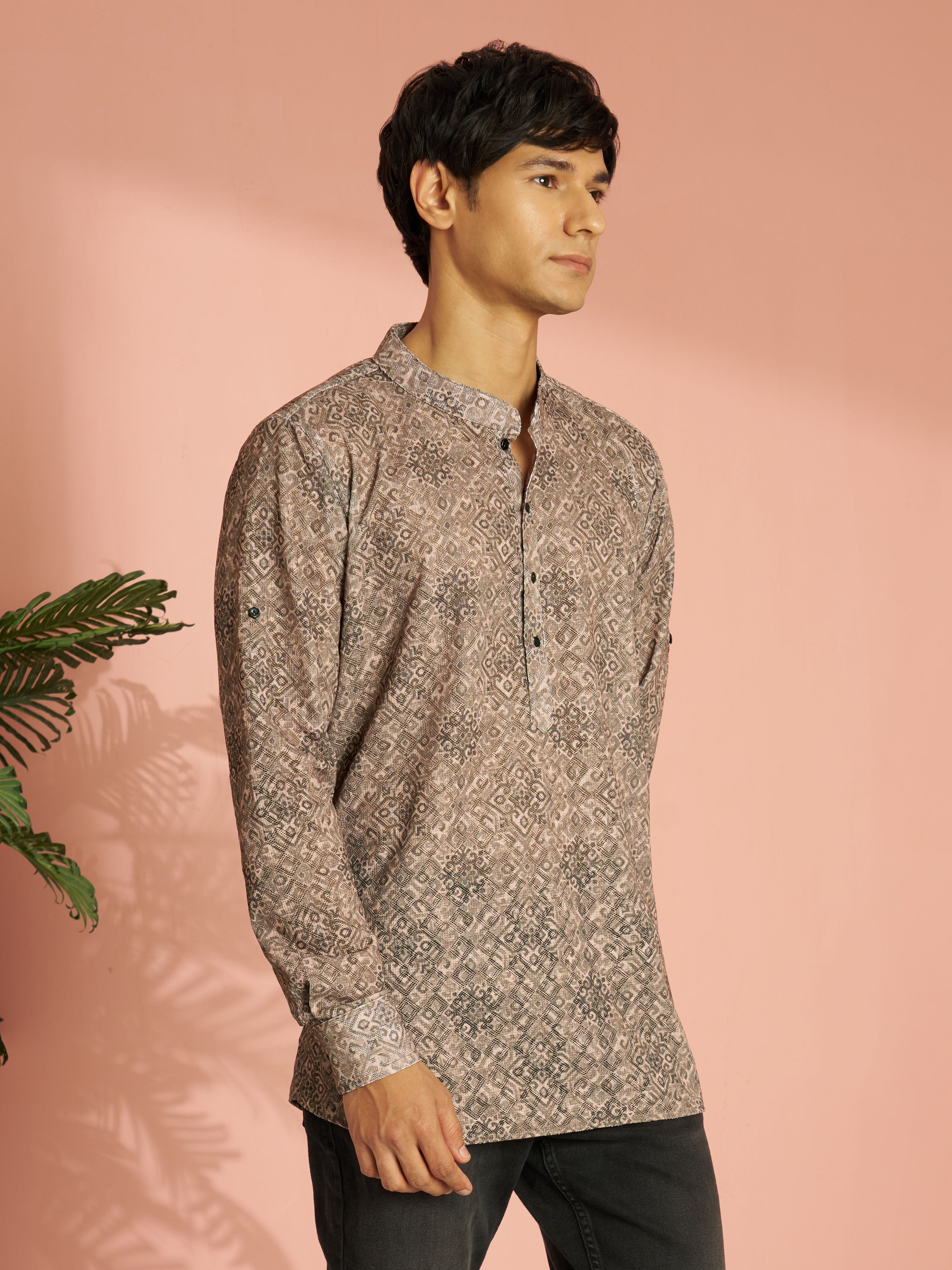 Men's Chiku Cotton Blend Ethnic Motif Printed Short Kurta with Cuffed Sleeves