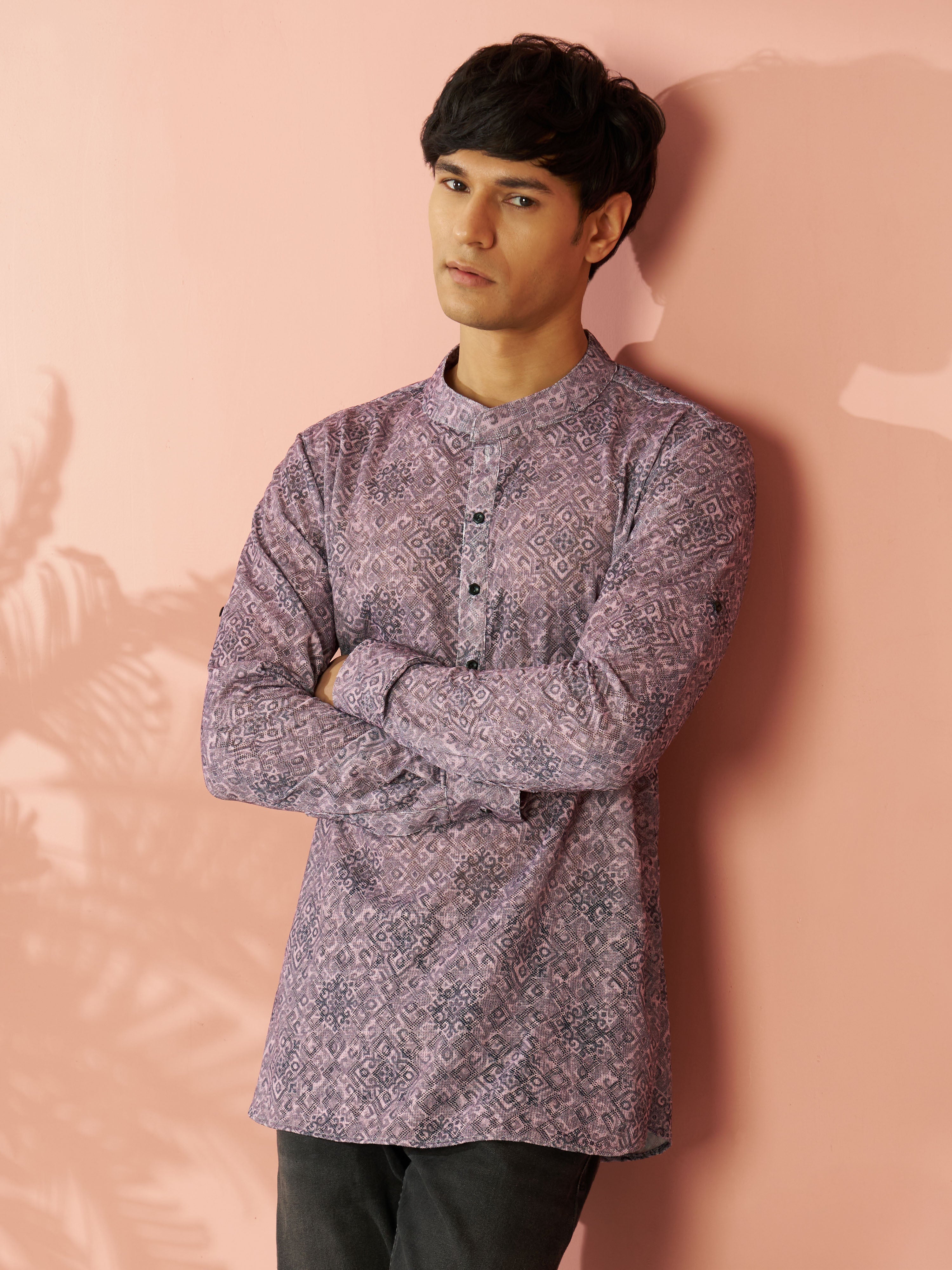 Men's Onion Pink Cotton Blend Ethnic Motif Printed Short Kurta