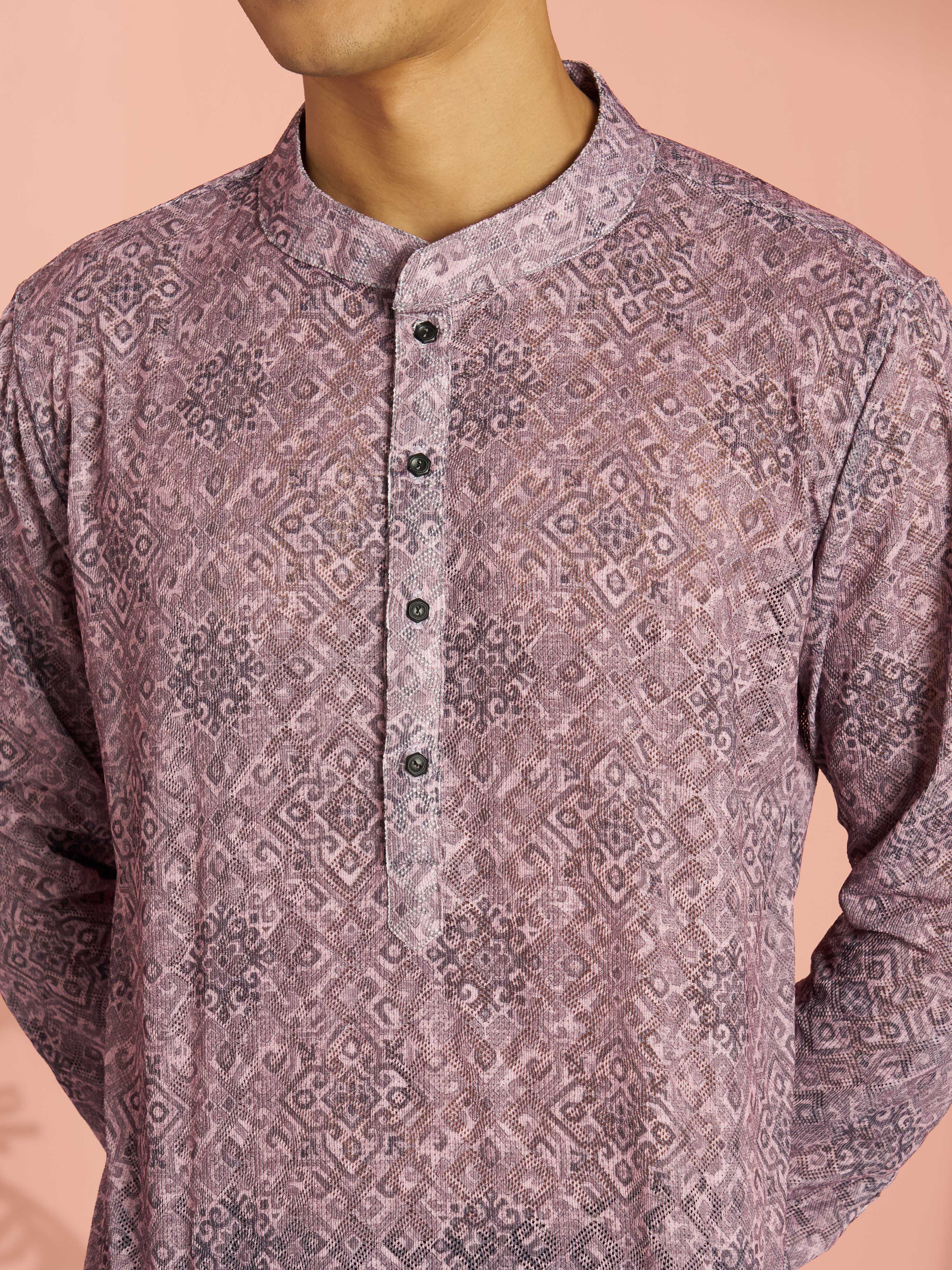 Men's Onion Pink Cotton Blend Ethnic Motif Printed Short Kurta