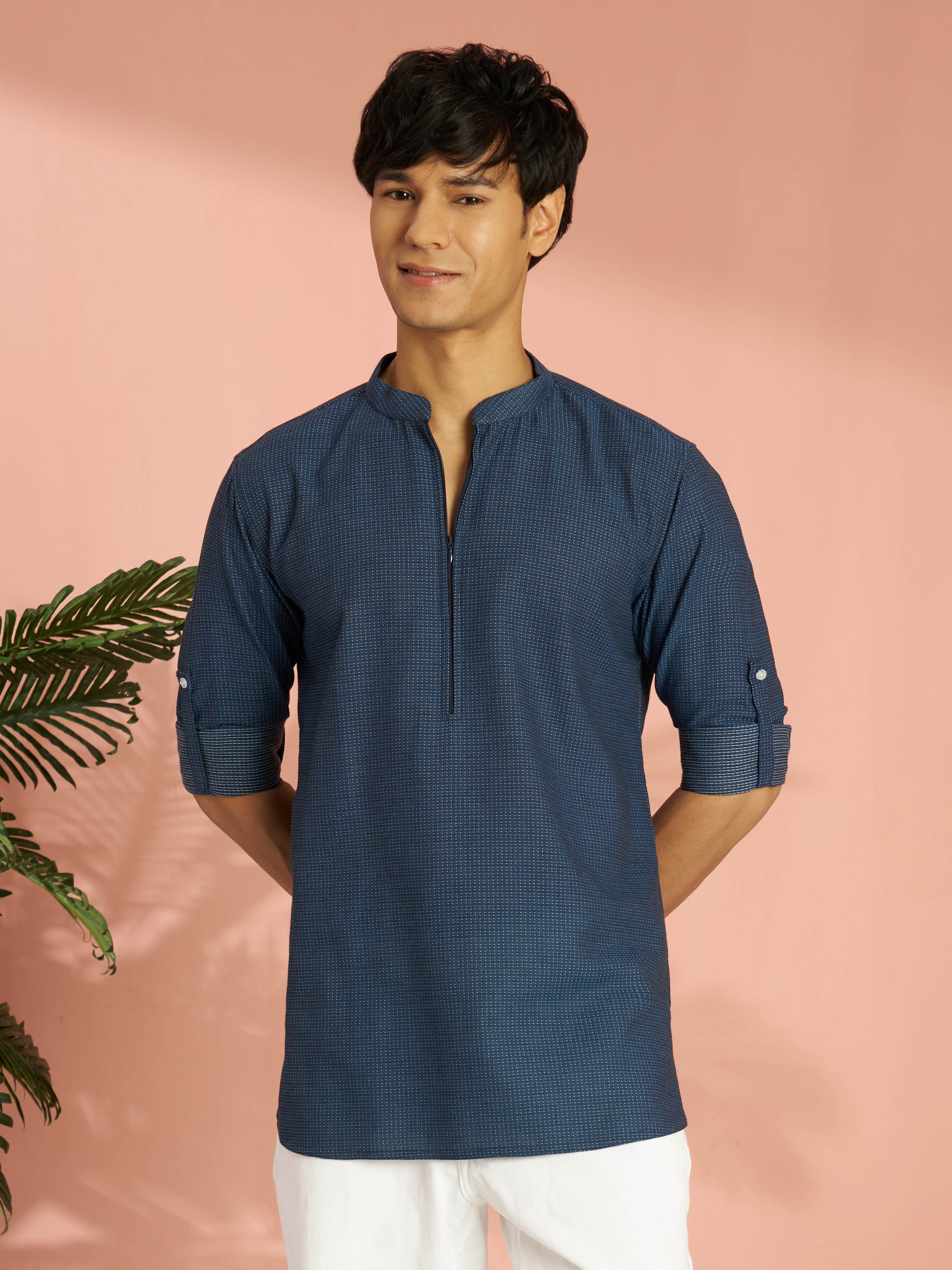 Men's Blue Cotton Jacquard Thread Embroidered Short Kurta with Zip