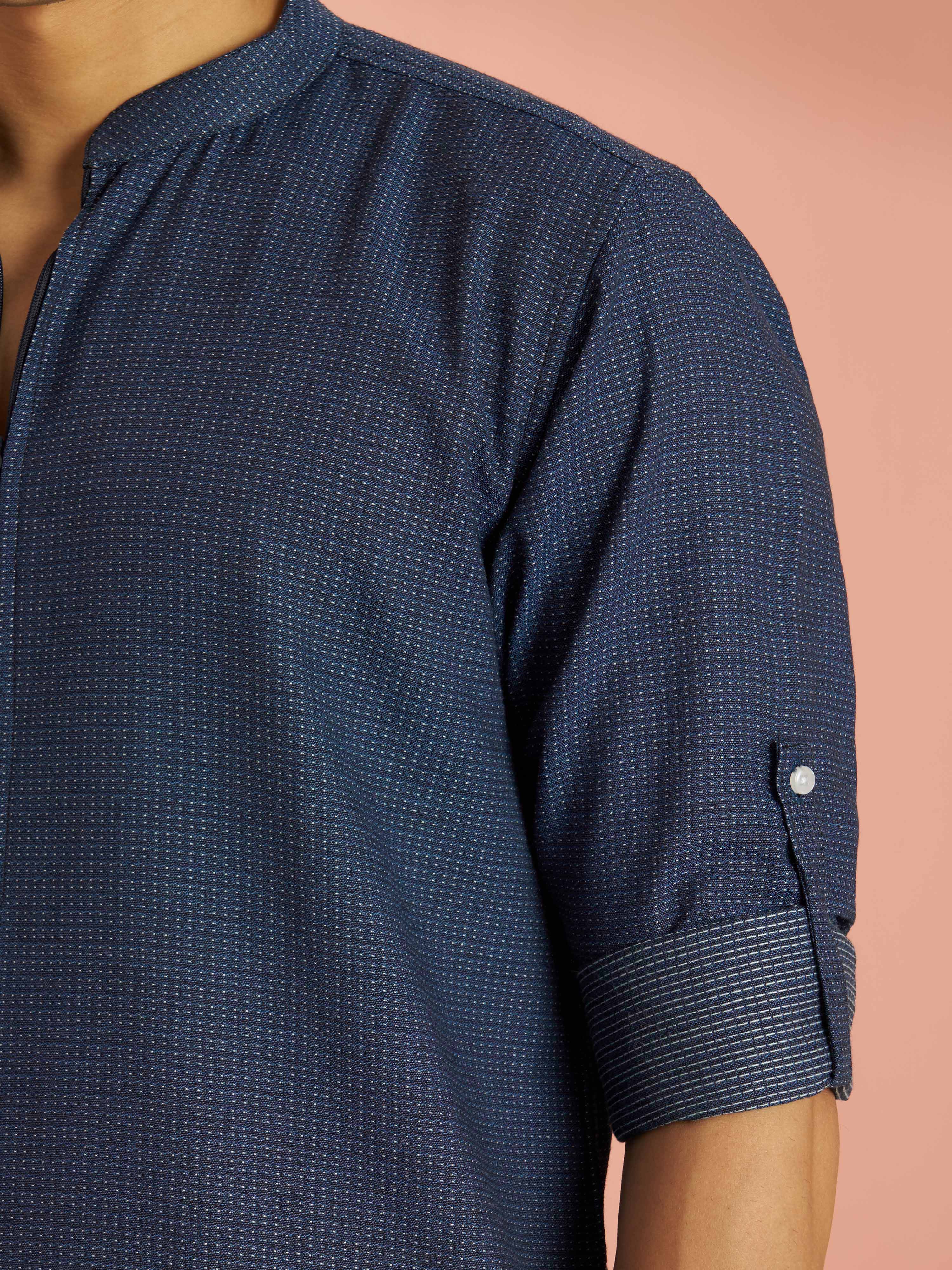 Men's Blue Cotton Jacquard Thread Embroidered Short Kurta with Zip