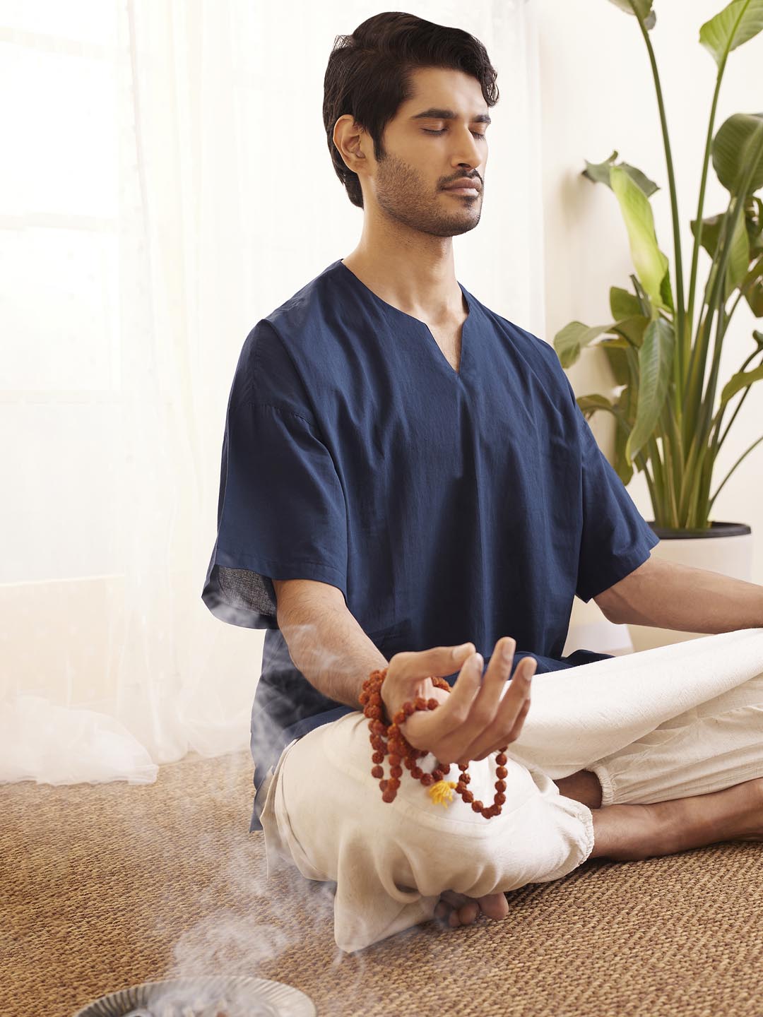 Men's Navy Blue Cotton Short Kurta