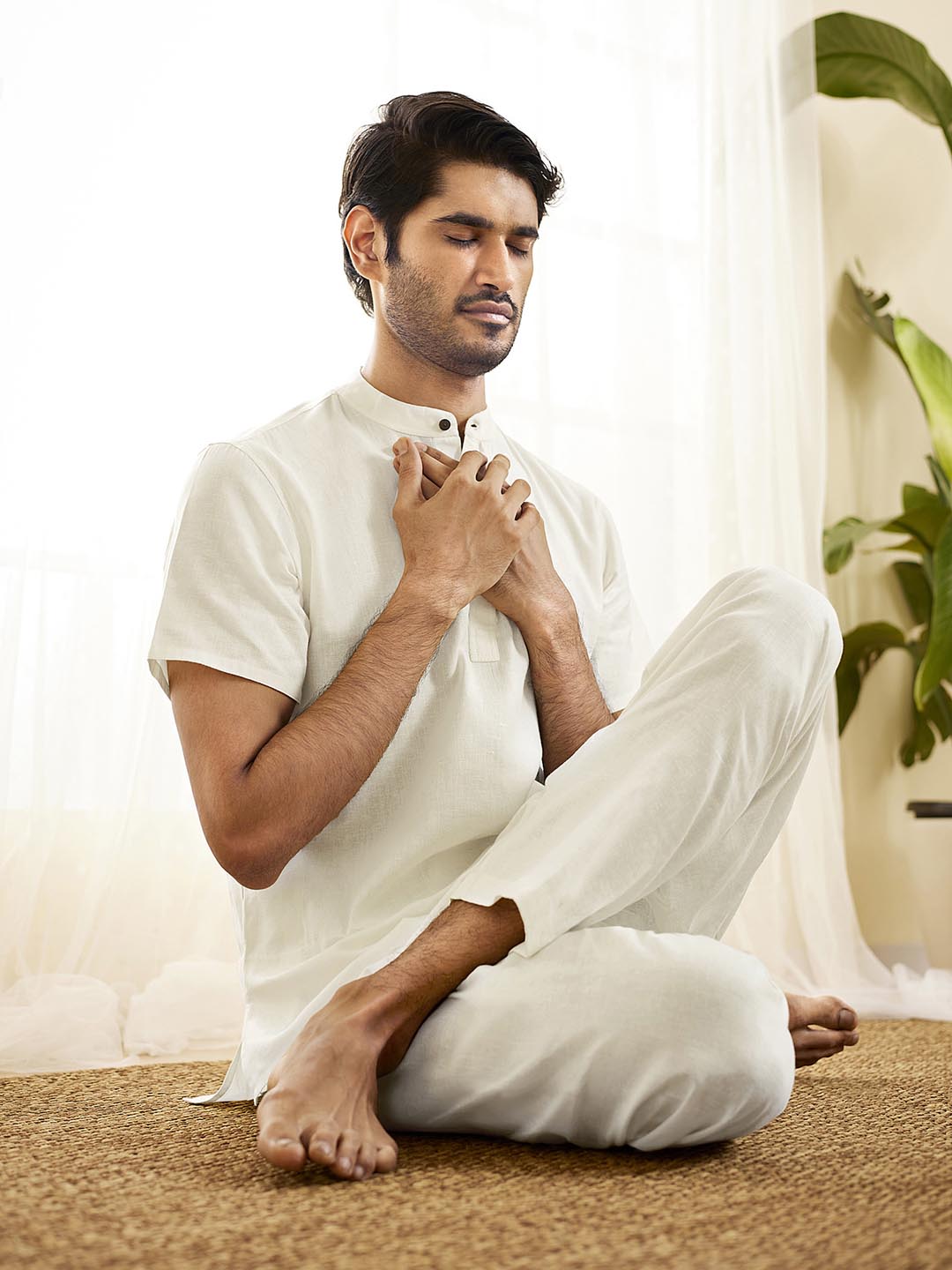 Men's White Cotton Short Kurta