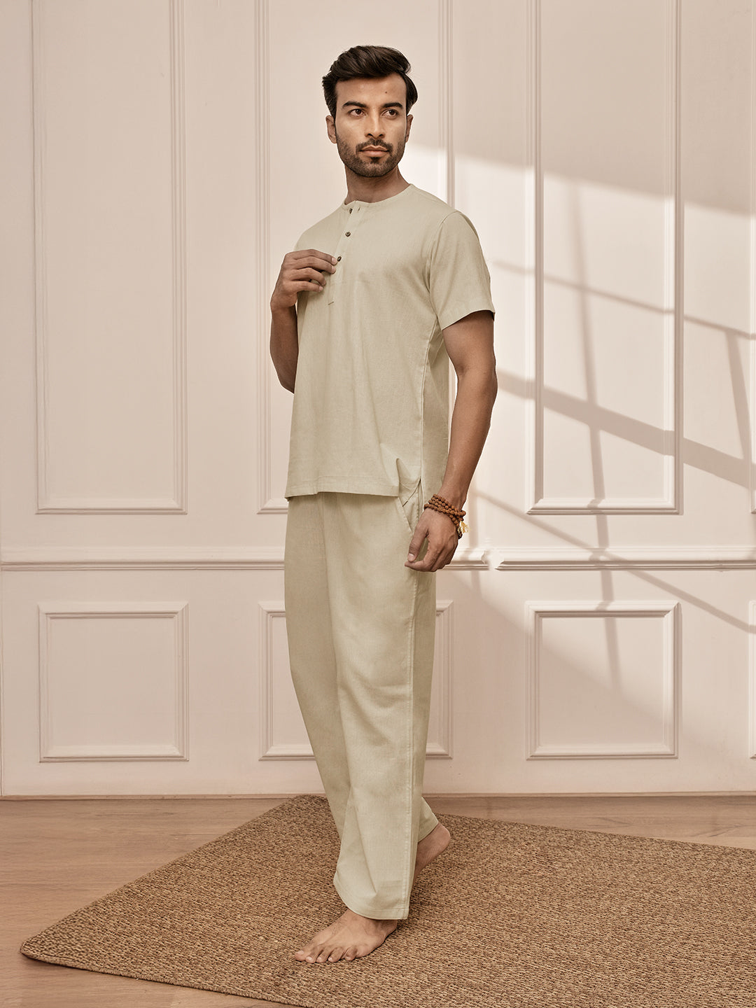 Men's Beige Premium Cotton Yoga Kurta With Palazzo Set