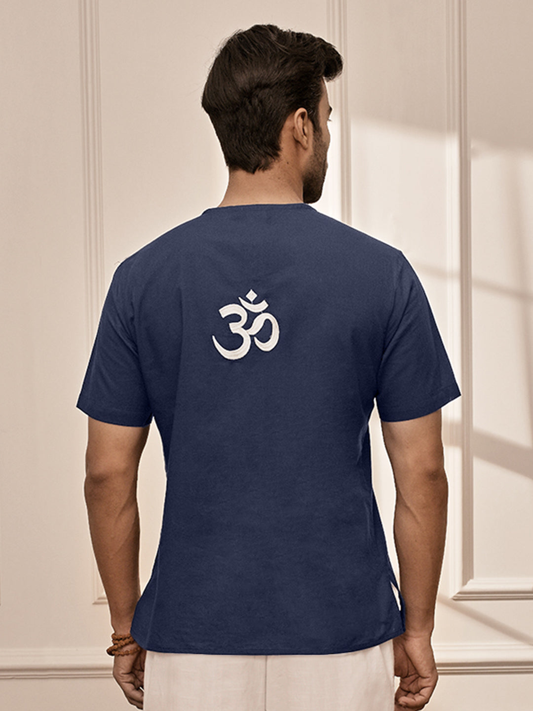 Men Navy Blue Cambric Cotton Yoga Kurta With Om Embroidery
