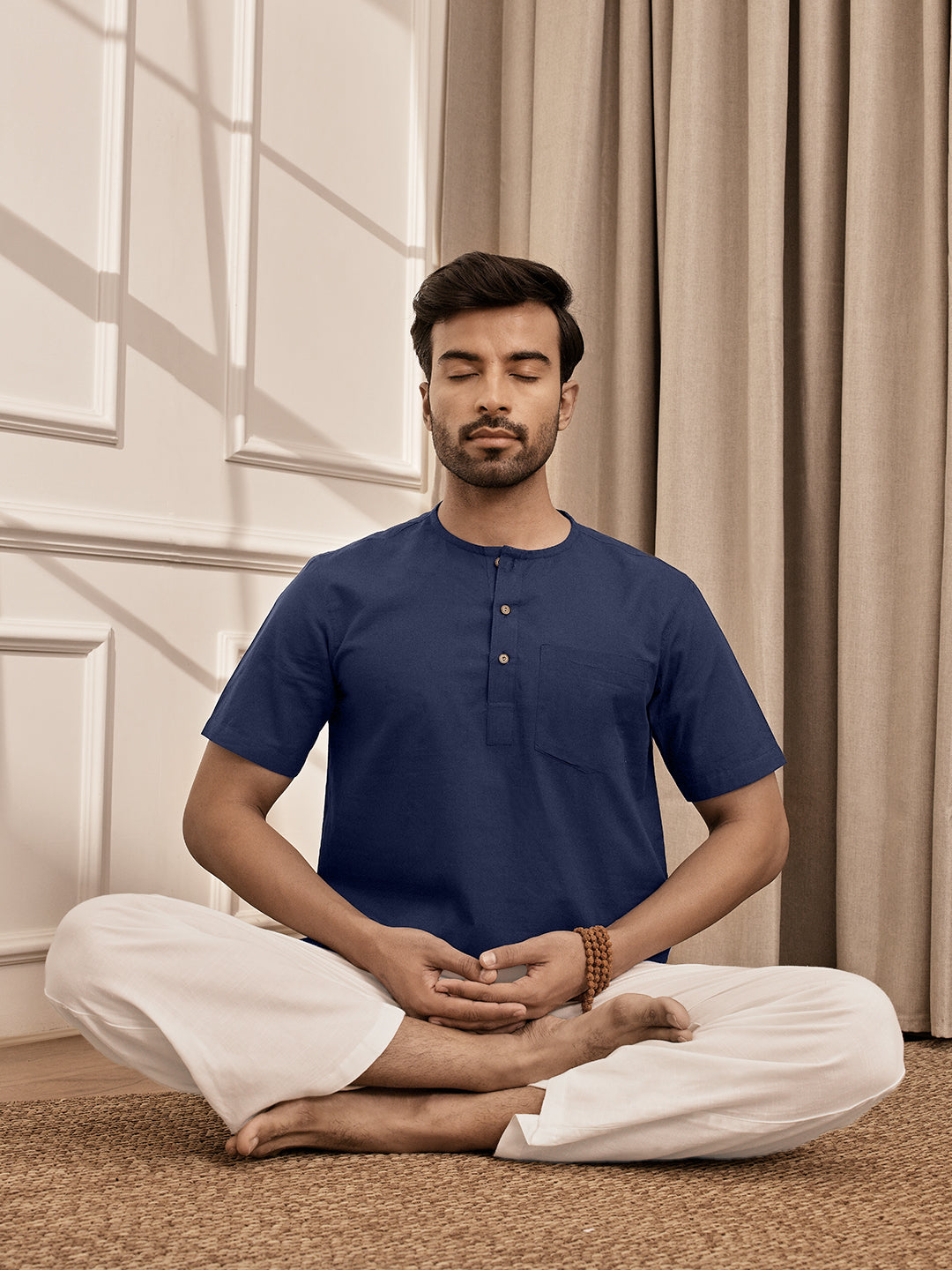 Men Navy Blue Cambric Cotton Yoga Kurta With Om Embroidery