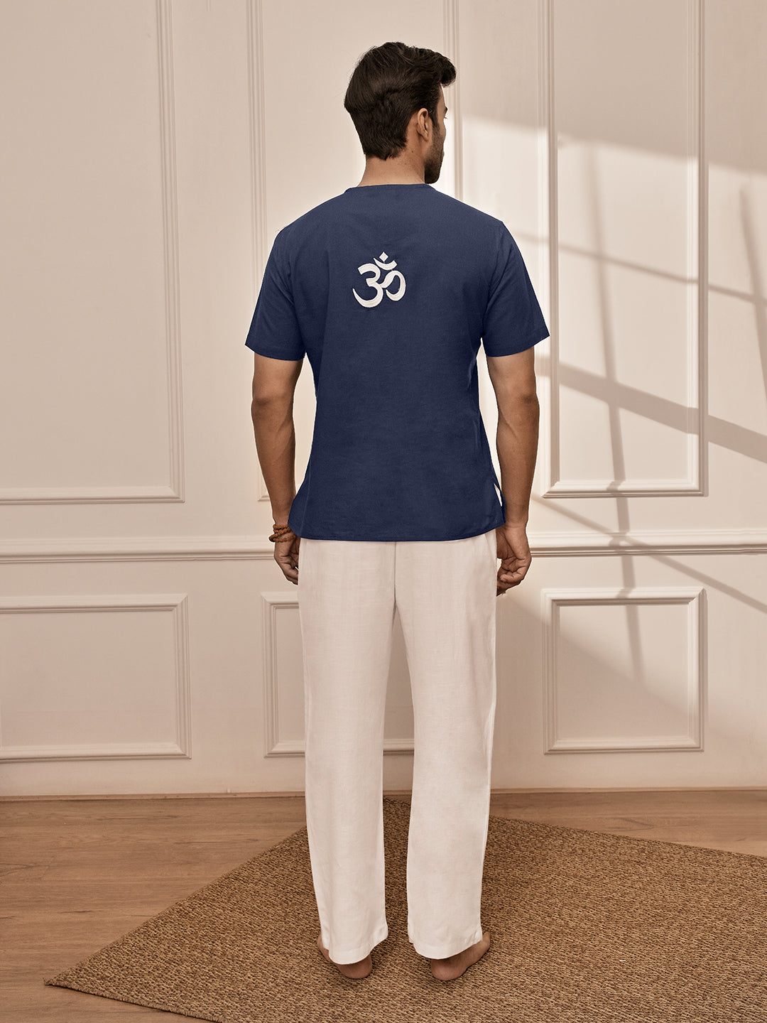 Men's Navy Blue Om Embroidered Yoga Kurta With White Palazzo Set