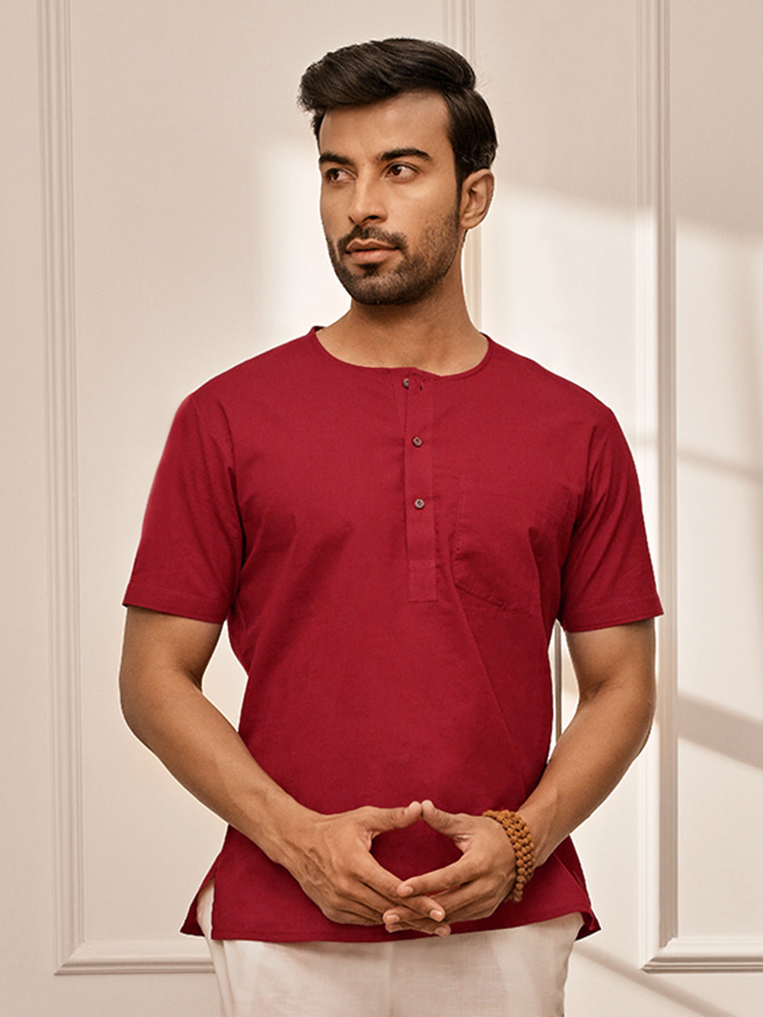 Men Red Cambric Cotton Yoga Kurta With Om Embroidery