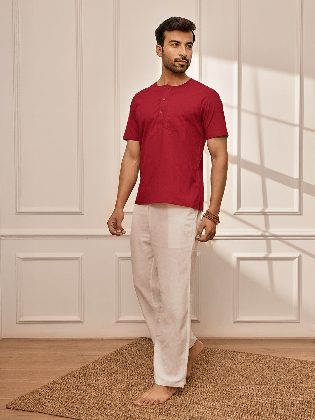 Men's Red Om Embroidered Yoga Kurta With White Palazzo Set