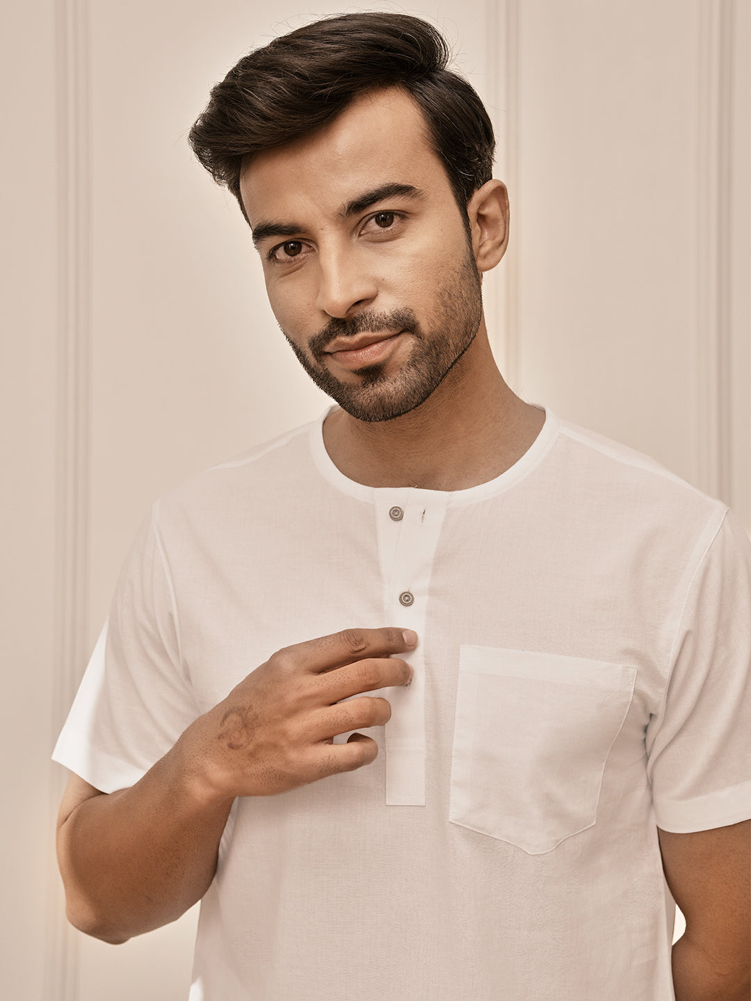 Men White Cambric Cotton Yoga Kurta With Om Embroidery