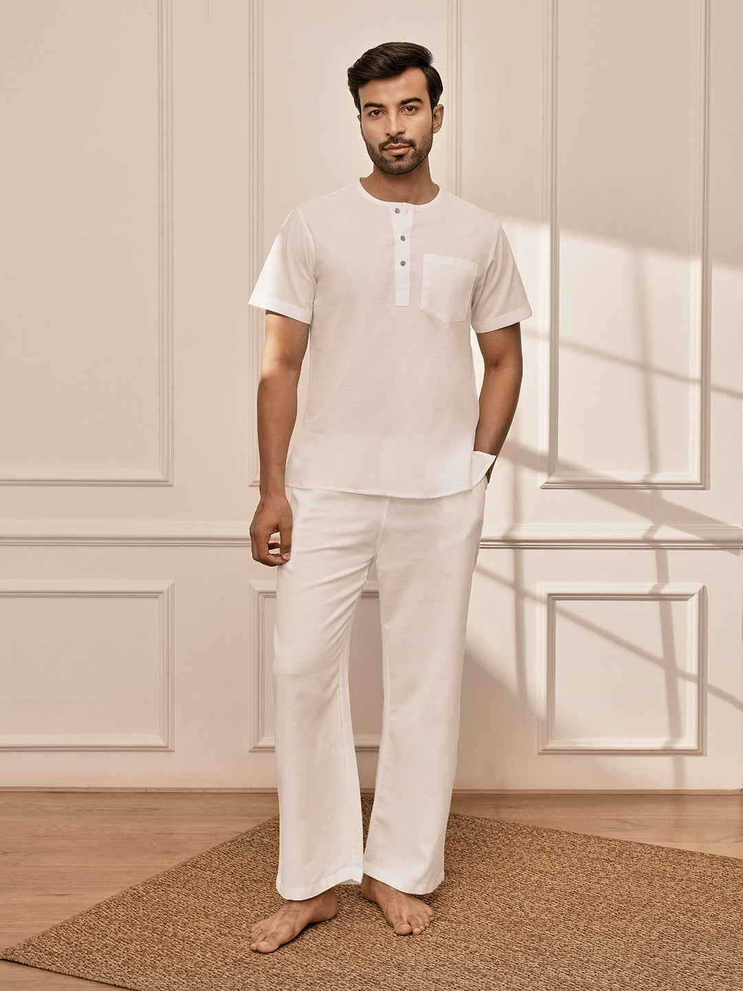 Men's White Om Embroidered Premium Yoga Kurta Palazzo Set